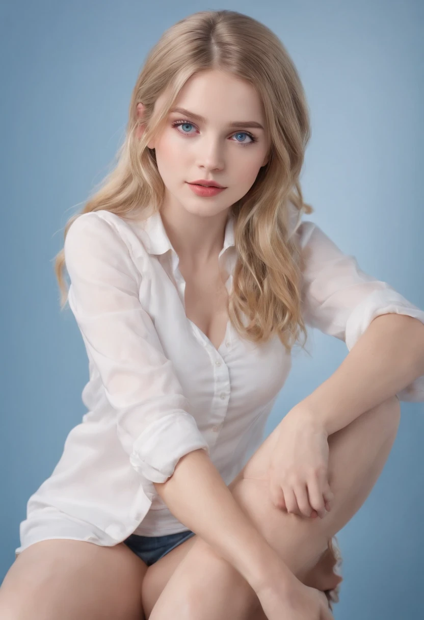 (best quality, 4k, 8k, highres, masterpiece:1.2),hyperrealistic,school girl (20 years old),(very beautiful,beautiful:1.1) detailed (blue-eyed,beautiful detailed eyes:1.1, blue eyes:1.1) (blonde-haired, blonde hair:1.1) girl, (wearing, dressed in) a (school, girl) , huge breasts,(sitting on,sitting at,occupied desk,desk) with (open legs, legs apart),(with, against) a (blue, bluish) (background, backdrop),(touching, caressing, grazing)(her, girl's) (legs, thighs),(in a, at a, typical) (teen, age) (shot, sitting position),(captured, rendered, portrayed) in (8k ultra, ultra-high definition, high definition) resolution.