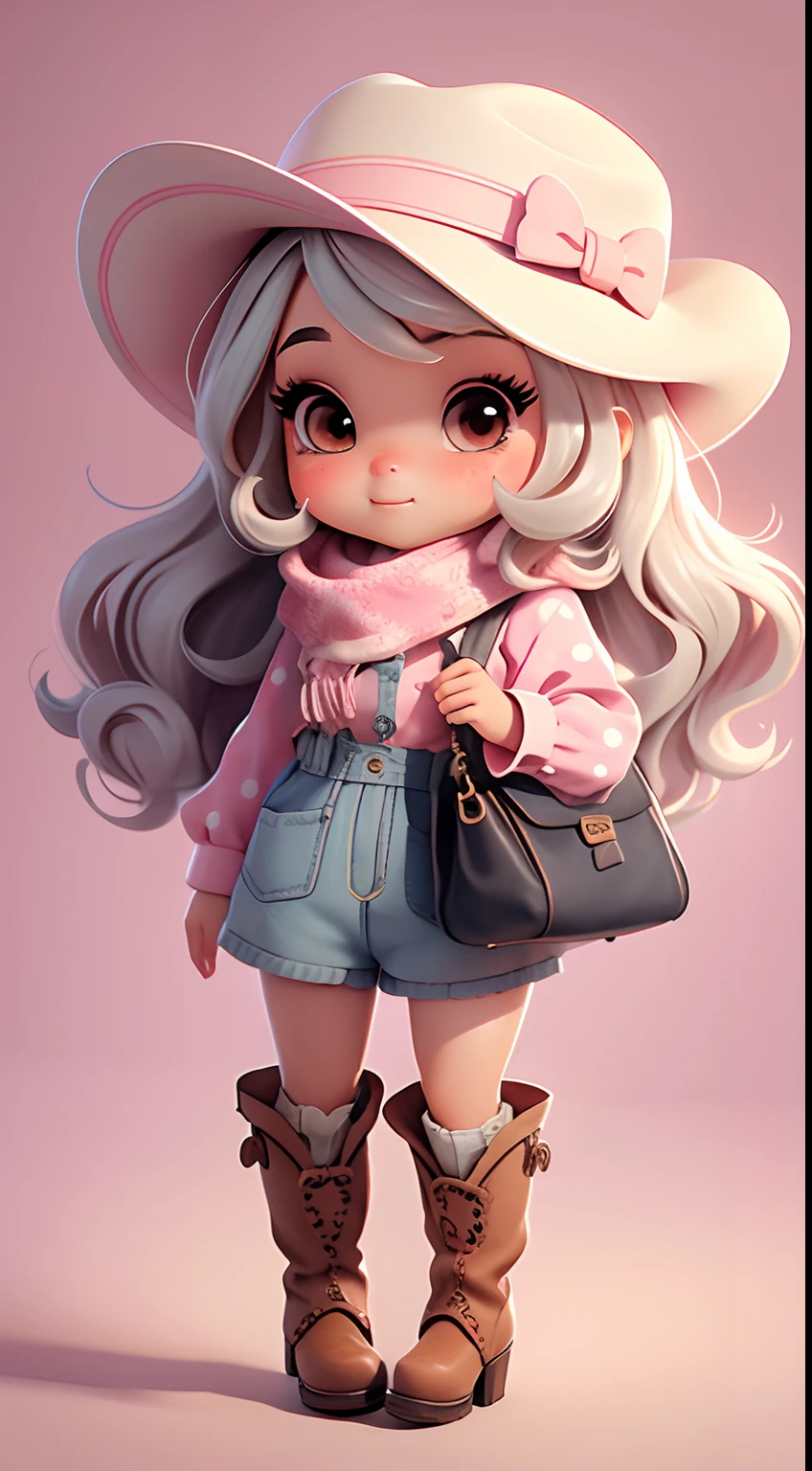 Create cute style chibi doll outfits with cute cowgirl themes., Each piece has a lot of detail and 8K resolution.. All dolls should follow the same and complete stable background pattern in the picture., Show (full entire body, Including legs: 1.5)
Cowgirl doll: Call her Mia.. She must have moderately wavy hair.. Your eyes should be big and curious., It has long eyelashes and slightly pink cheeks.. Mia should wear a sensitive jumpsuit., Cowboy boots and polka dot shirts and cute cowboy hats.. She had to carry farm jewelry.. Add details like bags and scarves to the apron to make it more glamorous., Cute shoes
Don't forget to add shadows., Texture and detail in hair, clothes, Cute cowboy appliances, To make them more cute and charming..