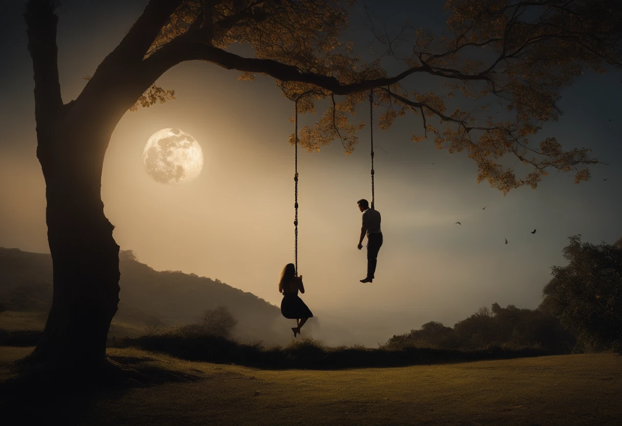 jovens negros, uma mulher, e um homem, com olhos azuis, The woman sitting on the swing, Hanging from the tree, o homem encostado, on the tree, a olhar para, a lua com sorrisos, With a heart of stone, partido ao lado da arvore, The moon in the sky