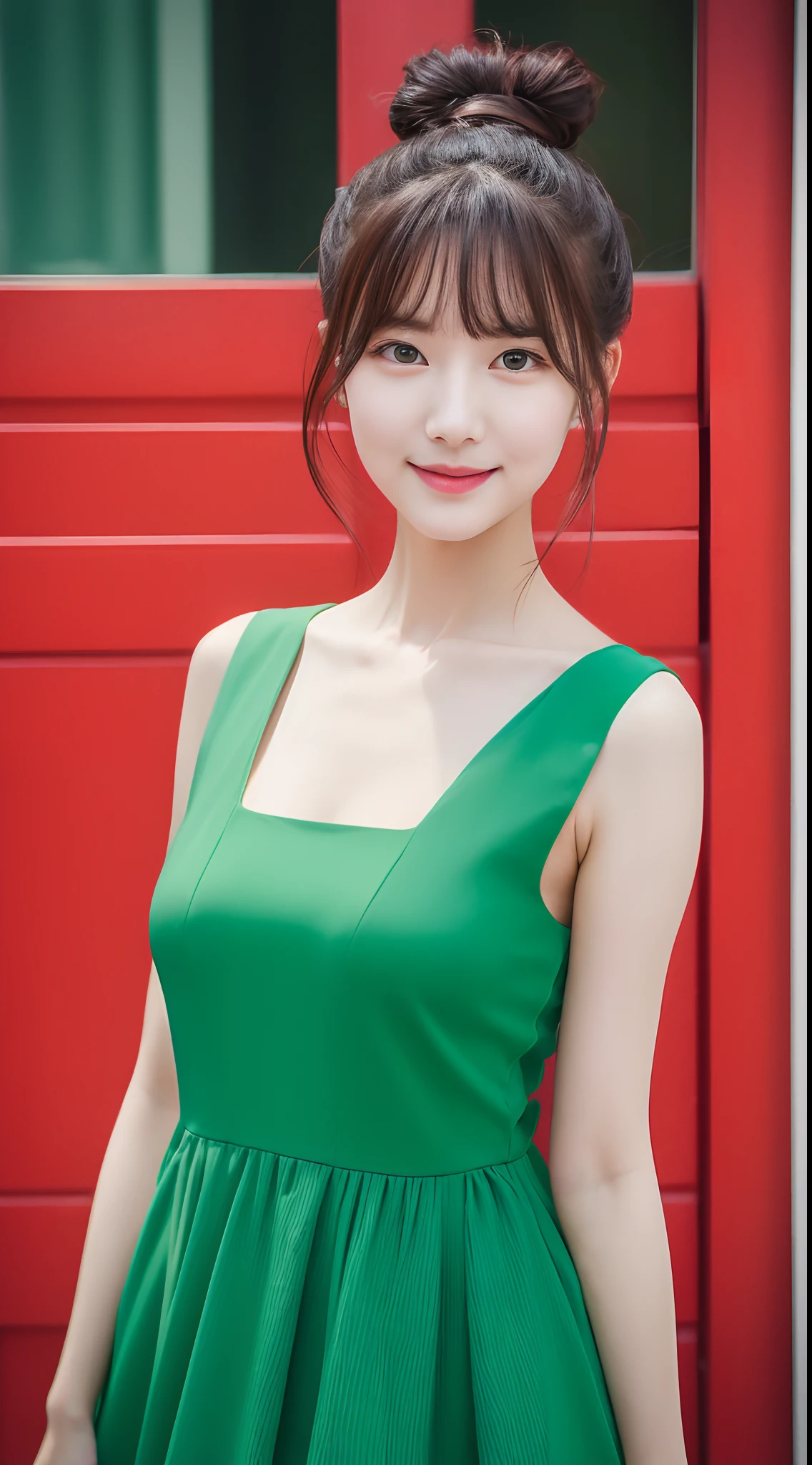 Realistic photos of (1 cute Korean star) cone hair bun, thin makeup, slightly smile, 32 inch breasts size, green colour colourful dress, standing in front of the red building, close-up portrait, foreshortening, UHD