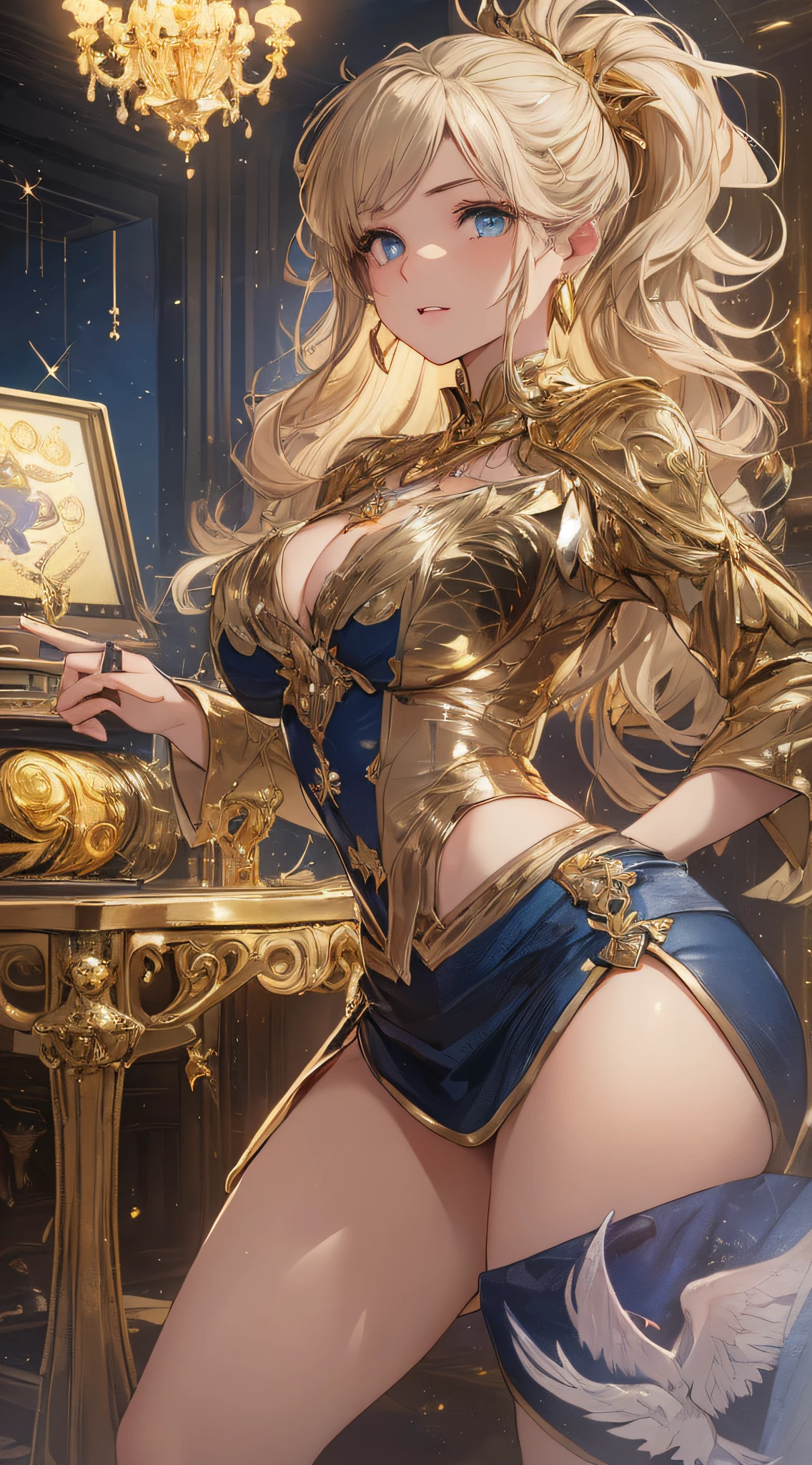 top-quality、Top image quality、​masterpiece、girl with((18year old、Gold underwear,Best Bust、Medium bust、Bust 85,Beautiful blue eyes、Breasts wide open,Sexy Gold Dress、Gold Miniskirt、Gold Earrings、Gold necklace、Gold Ring、Shining golden ponytail、Gold Shoes、Point your finger at the viewer、Slouched）hiquality、Beautiful Art、Background with(Shining meteors,kosmos、Gold Room、Gold Table、Gold Chair、Monitors、Gold Room、Gold Bookshelf、Golden Falls、phoenix)),masutepiece、Elaborate design、visualart、depth of fields、The best lighting、highestdetailed、Front Angle