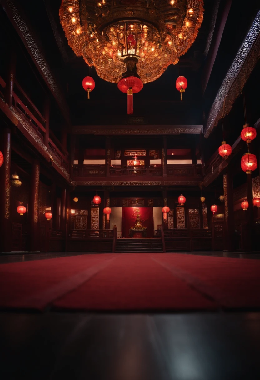 Ancient Chinese temple main hall scene, carpeted floor, hanging lights above, dark, blurry background, wide angle view, 8k