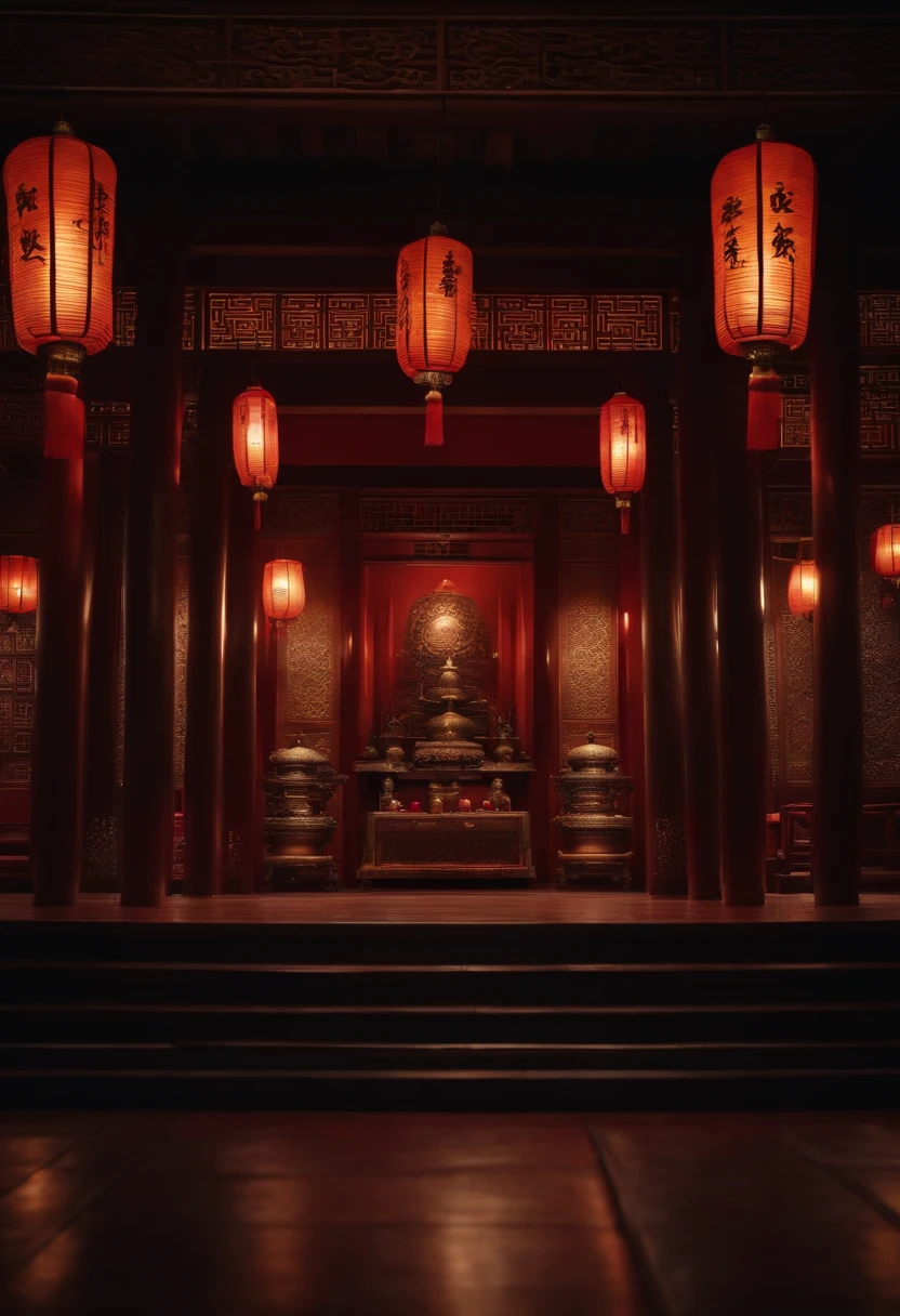 Ancient Chinese temple main hall scene, carpeted floor, hanging lights above, dark, blurry background, wide angle view, 8k