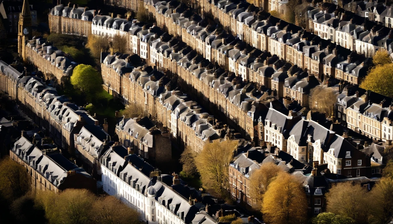 Aerial photograph of a house in the UK,A row of sloping houses,Diagonal composition,no trees,Big Ben, london, Rich in detail,photo realistic style:Photogram