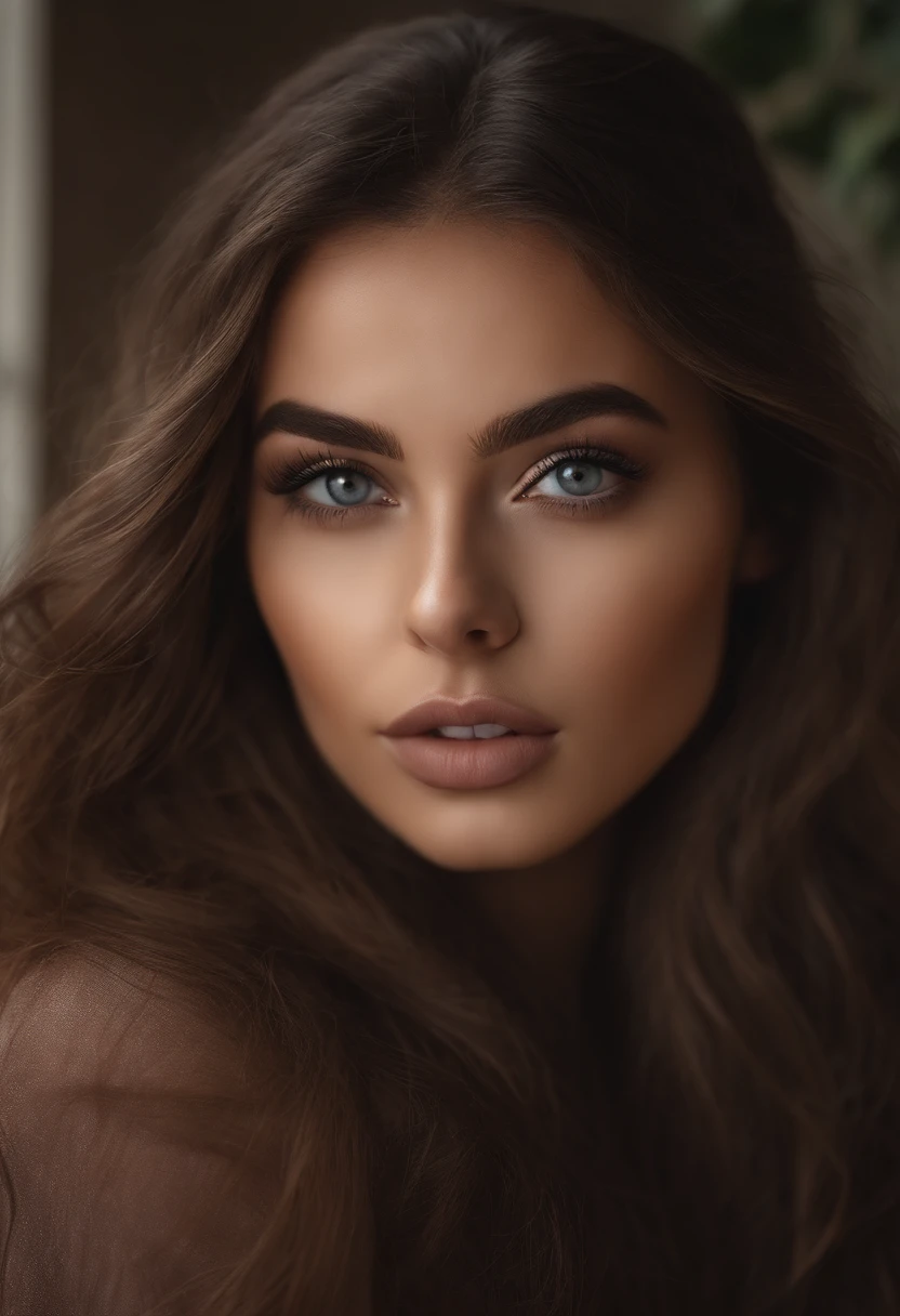 Arafed woman completely , fille sexy aux yeux bruns, ultra realist, Meticulously detailed, Portrait Sophie Mudd, cheveux bruns et grands yeux, selfie of a young woman, Dubai Eyes, Violet Myers, sans maquillage, maquillage naturel, looking straight at camera, Visage avec Artgram, Maquillage subtil, Great photo of the whole body kneeling on the bed, dans la chambre, Medium to large bust, latina