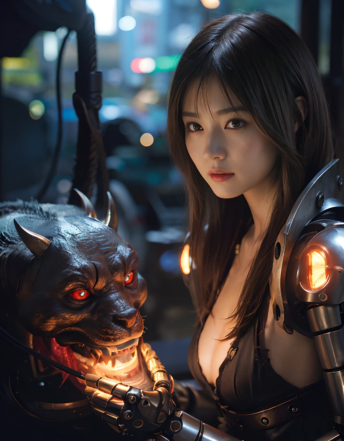 ((Fighting Demonic Beasts))、top-quality、​masterpiece、超A high resolution、(Photorealsitic:1.4)、Raw photo、1人、Golden hair、glowy skin、(((1 Mechanical Girl)))、With a beautiful knife、（Blue Metal Bodysuit）、(beautiful forest background)、(Fighting Demonic Beasts)、(Small LED)、((super realistic details))、portlate、(Strong giant demon beast background),globalillumination、Shadow、octan render、8K、ultrasharp、Colossal tits、Raw skin is exposed in cleavage、metals、Details of complex ornaments、Japan details、highly intricate detail、Realistic light、CGSoation Trends、Red Eyes、radiant eyes、Facing the camera、neon details、(Mechanical limbs)、(blood vessels connected to tubes)、Mechanical vertebrae attached to the back、mechanical cervical attaching to neck、(Wires and cables connecting to the head)、Gundam、Small LED、,Mechanical thighs、Toostock、（Hands are also made of machines）、（Attack of the Monster Beasts）、（Wounded in a deadly battle）、