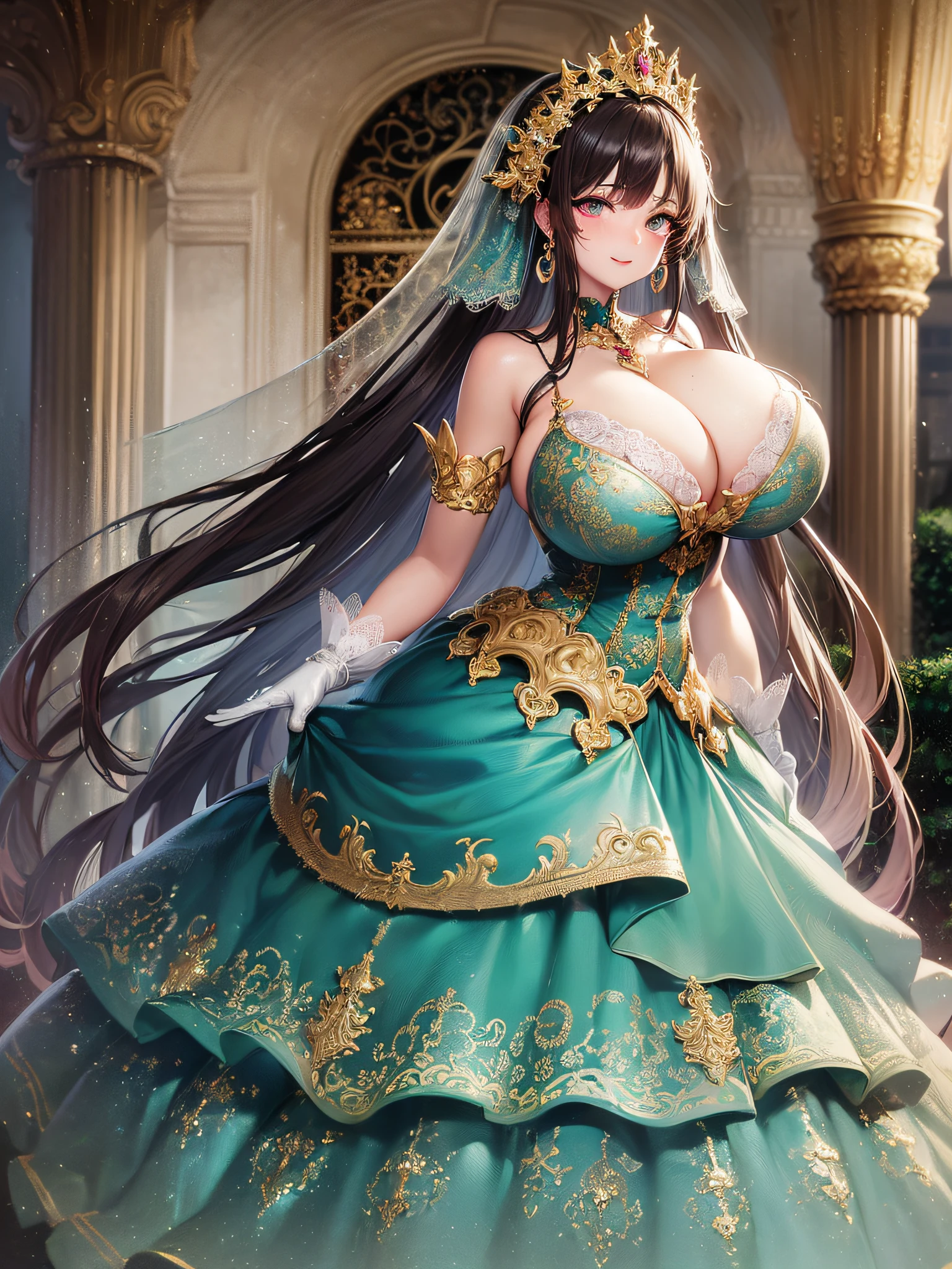 ((anime artstyle)),(Masterpiece),(Best Quality), (Super Detail),(Highly Detailed CG Unity 8k wallpaper),((Very Delicate and Beautiful)),cinematic lighting,1 girl,((full body portrait)),((standing in garden)),((solo)),(((1 fairytale princess in gorgeous embroidery and jeweled extremely gorgeous rococo princess ballgown with voluminous full length hoop skirt))),an hourglass waist,padded and corseted bodice,(((huge crinoline hoopskirt))),long train,((gorgeous embroidery and jeweled)),voluminous frills,See-through,(((extremely gigantic tits,skindentation))),cleavage,((absurdly Long Straight Hair,extremely voluminous Straight long Hair,absurdly Long Straight Hair)),(finely detailed face and eyes),(Blush,Smile),clear pupil,extremely gorgeousfull hair ornament,(bling-bling jeweled extremely gorgeousfull tiara),((bling-bling gorgeous gemstone jewelry)),gorgeous long veil,((ultra long gloves)),(beautiful background),(full body),((gorgeous embroidery and jeweled extremely gorgeous rococo princess ballgown with voluminous full length hoop skirt))