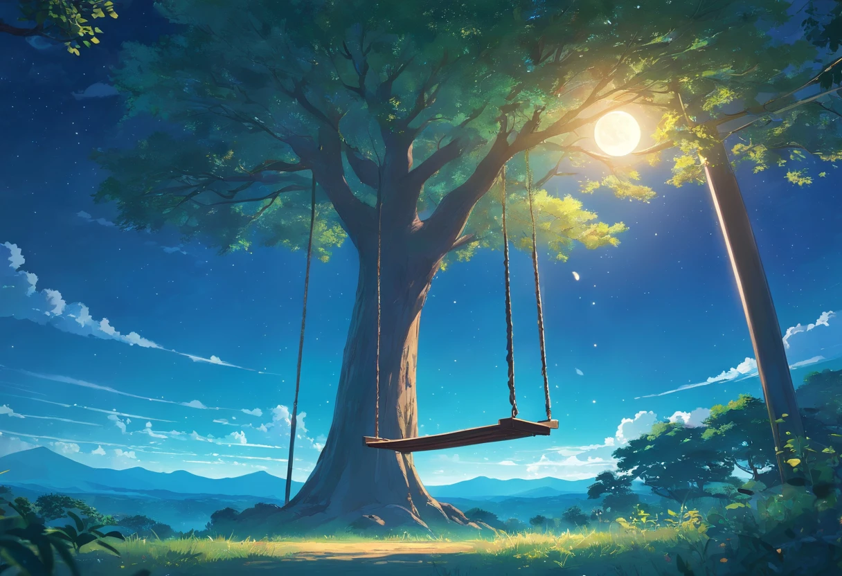 jovens negros, uma mulher, e um homem, com olhos azuis, The woman sitting on the swing, Hanging from the tree, o homem encostado, on the tree, a olhar para, a lua com sorrisos, With a heart of stone, partido ao lado da arvore, The moon in the sky