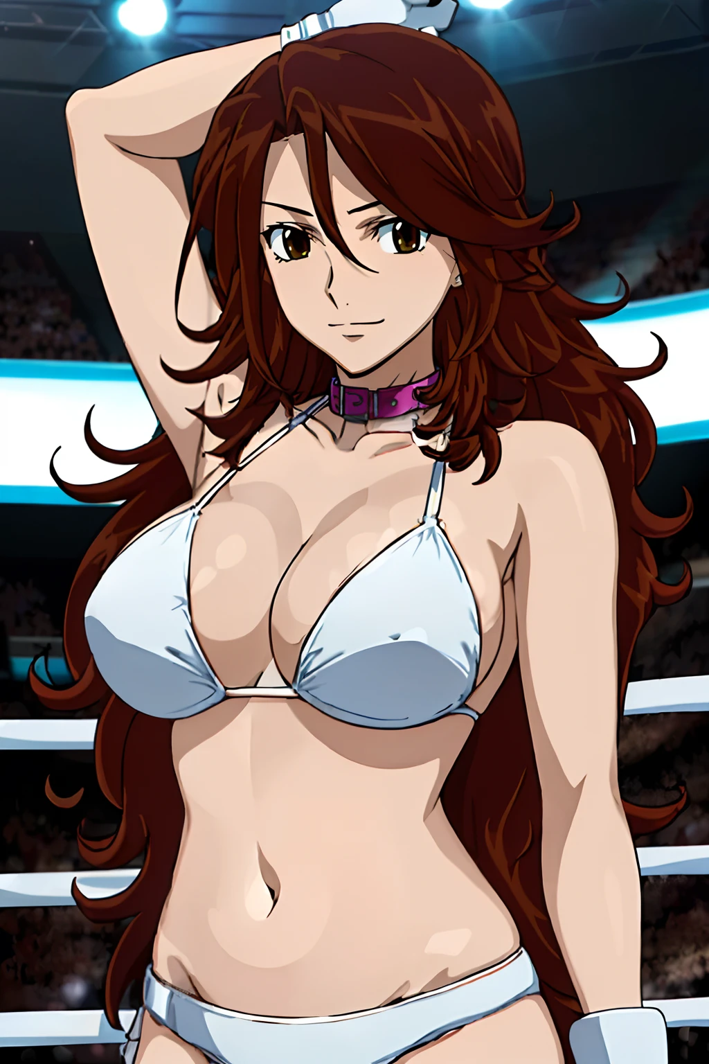 curvy belly, titration screen,, Elegant lady, (upper body only), anime style: 1.8, anime drawing, ultra detailed face, ultra detailed body, 4k, Sumergai Lee Noriega, (standing), best quality, anime style, hires, highest definition, digital blending, bold drawing lines, ((wwe diva), (location: wrestling arena, crowds watching), ( slim body, (thick arms), , broad shoulders, closed fists, (very curvy: 2.8)), ((white bikini, only, white gloves, collar, hand protector, (champion belt on bare belly))), loser, defeated, sad, (pale skin, very big breasts, smile), (big eyes, brown eyes), (clapping), ( brown hair, loose hair, curly hair, wavy hair, long hair, missy hair), 27 years old,