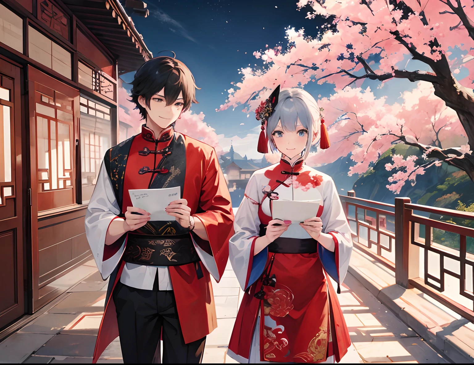 A couple bring Chinese scroll, calligraphy brush, laugh, romantic atmosphere, happy atmosphere, landscape