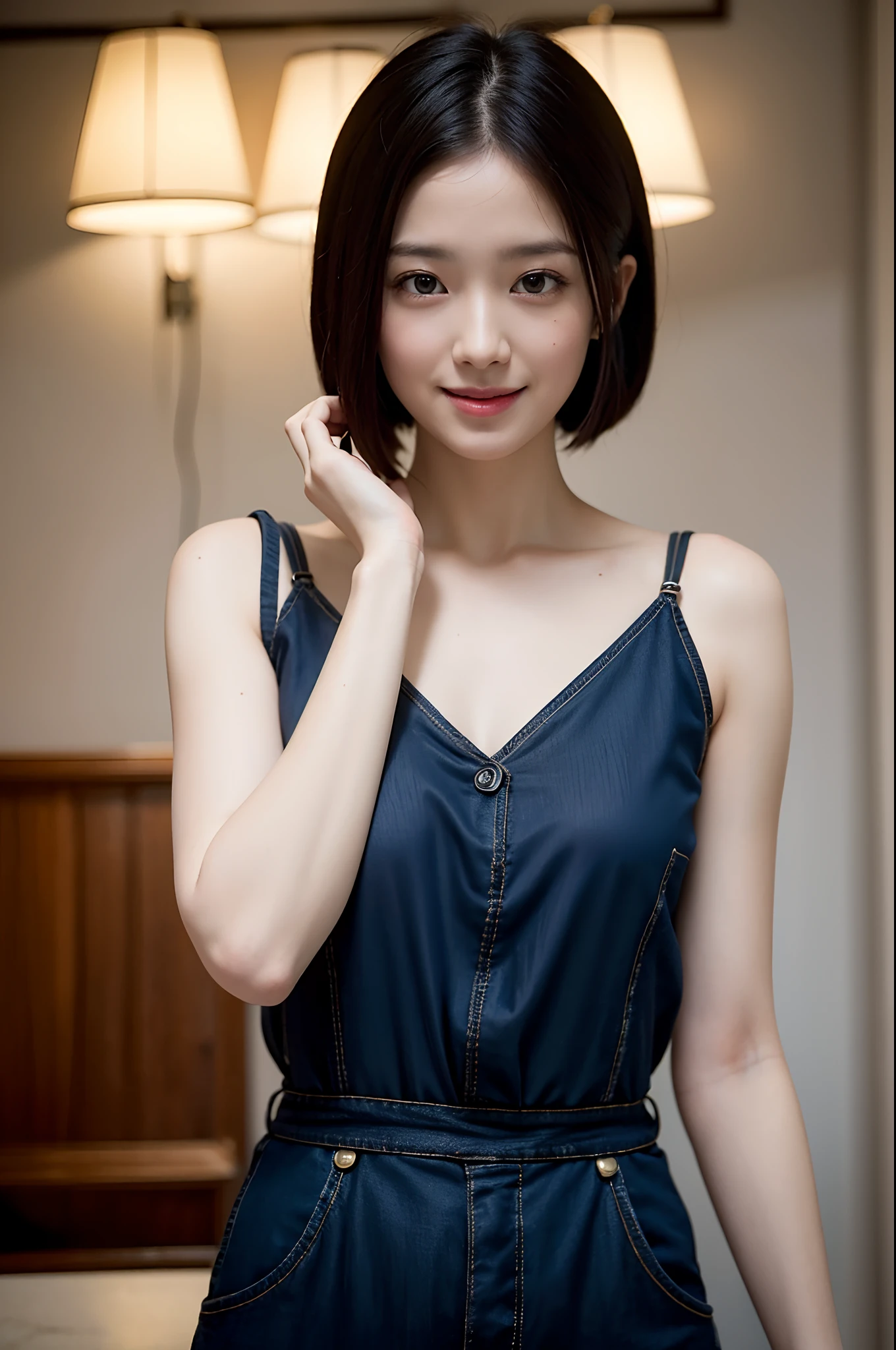 Best Quality, masutepiece, High resolution, Girl VN02, 1girl in, Porcelain dress, Hair Accessories, Short Layer Bob Hair、Cowboy Shot、Pretty Face, embarrassing smile、On Body, Tindall Effect, Realistic, Shadow Studio, Rim lighting, dual-tone lighting, (High Detail Skins: 1.2), 8K UHD, Digital SLR, Soft light, High quality, Volume Light, Sneak Shots, Photo, High resolution, 4K, 8K, Background blur,