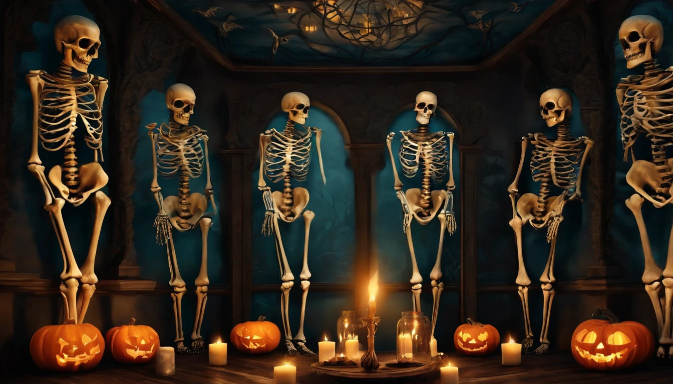 Paint Halloween design with skeletons in costume, cenando a la luz de las velas dentro de una casa oscura. Mural Art style design. Dark Gothic and Vintage style design.