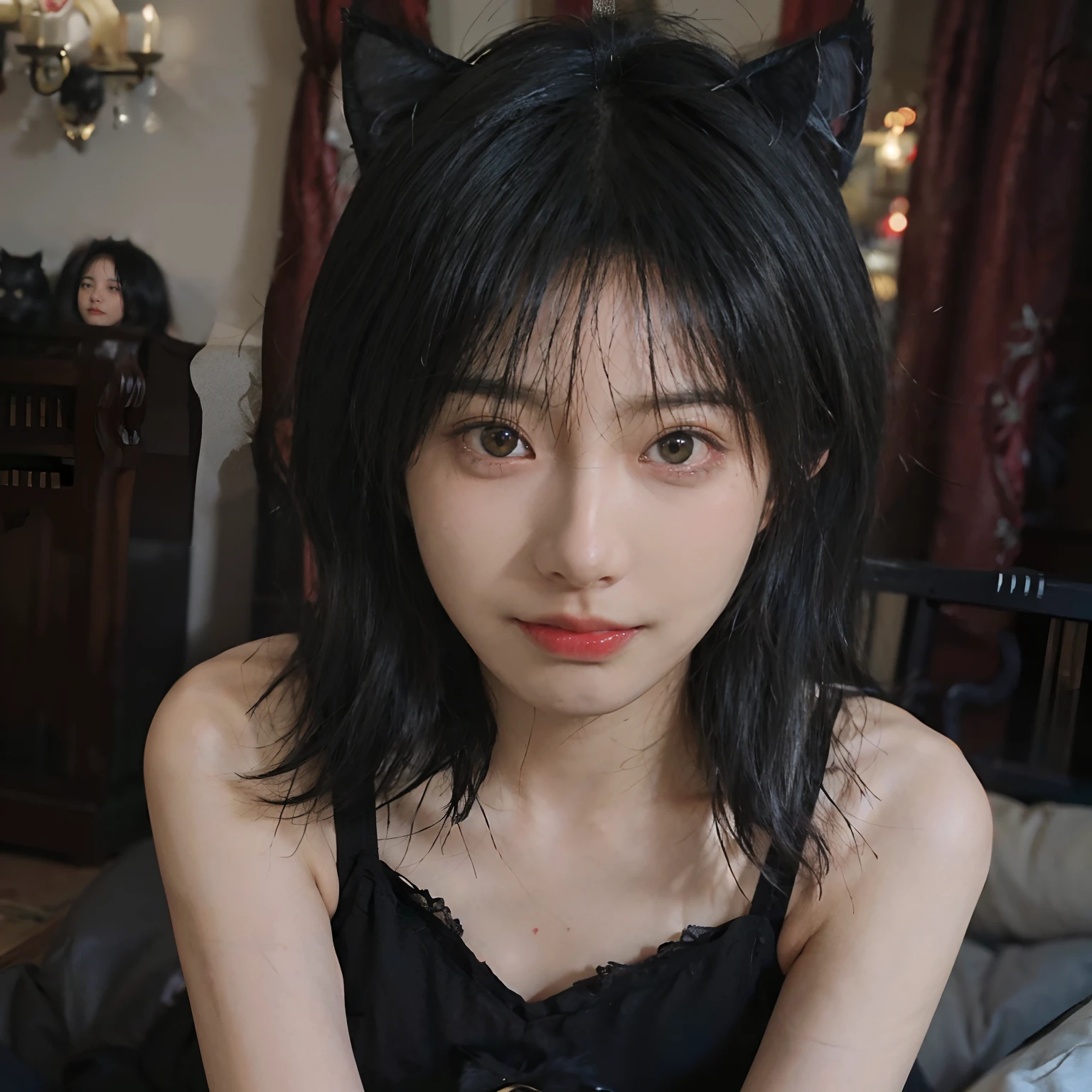 8K、(Sexy poses collection)、(((Black hair color))) 、undersized head、Best Quality, masutepiece, 超A high resolution, (Realism: 1.4), Realistic Photos, (True skin texture: 1.3), (Film grain: 1.3), Beautiful eyes and face details, masutepiece, Best Quality, Full body、bob cuts、18year old、(((Black cat ears grow)))