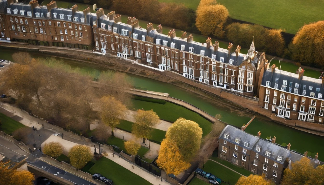 Aerial photograph of a house in the UK，A row of sloping houses，Diagonal composition，Thames embankment,No trees，Big Ben, london, Rich in detail，photo realistic style:Photogram