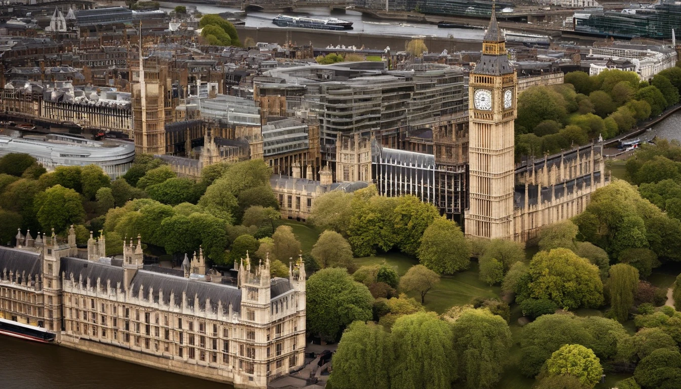 Aerial photograph of a house in the UK，A row of sloping houses，Diagonal composition，Thames embankment,No trees，Big Ben, london, Rich in detail，photo realistic style:Photogram