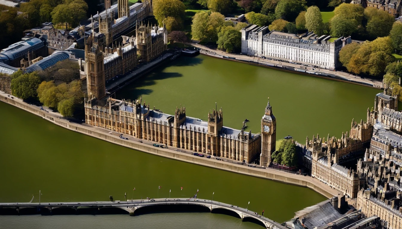 Aerial photograph of a house in the UK,A row of sloping houses,Diagonal composition,Thames embankment,No trees,Big Ben, london, Rich in detail,photo realistic style:Photogram