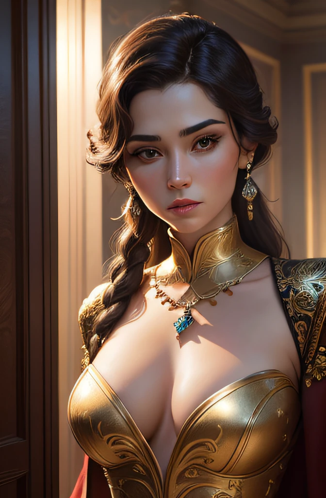 Senyora Santibañez standing pose, beautiful face, detailed body, Detailed eye, Swollen eyes, top-quality, A high resolution, (reality: 1.4), (A hyper-realistic), (high resolution), (8K), (highly detailed), ( Best Illustration), (detailed eyes), (ultra-detailliert), Bright lighting, Professional Lighting、The background is a luxury room full of antics and jewelry.、The cord is connected from the costume, random hair style.