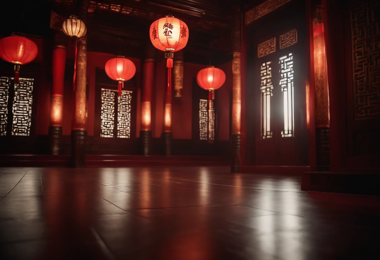 Ancient Chinese temple main hall scene, carpeted floor, hanging lights above, dark, blurry background, wide angle view, 8k