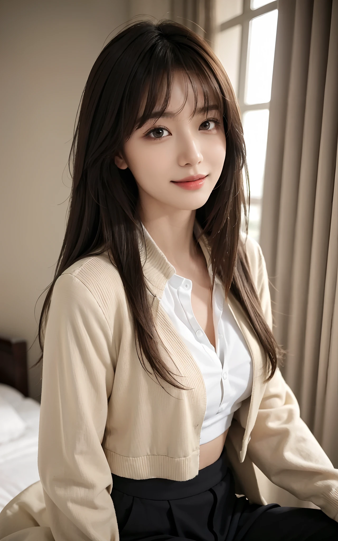 Masterpiece, Best picture quality, High quality, Random background，Beautiful woman, Japanese, Detailed, Detailed eyes, Detailed skin, Beautiful skin, 超A high resolution, (reality: 1.4),Very beautiful, Slightly younger face, Beautiful skin, Slender, (Ultra photo realsisim), (A high resolution), (8K), (Very detailed) (Beautifully detailed eyes), (Super detailed), leisure wear，long  skirt，tailcoat，校服，Pants, (the wallpaper), (Detailed face), view the viewer, Fine details, Detailed face, Smiling, Staring straight ahead, Staring straight ahead, Full-body angle, Realistic photo, Bright lighting, Professional lighting, Mature woman, Brown hair, Sway in the wind Straight hair side by side, Long stylish bangs,