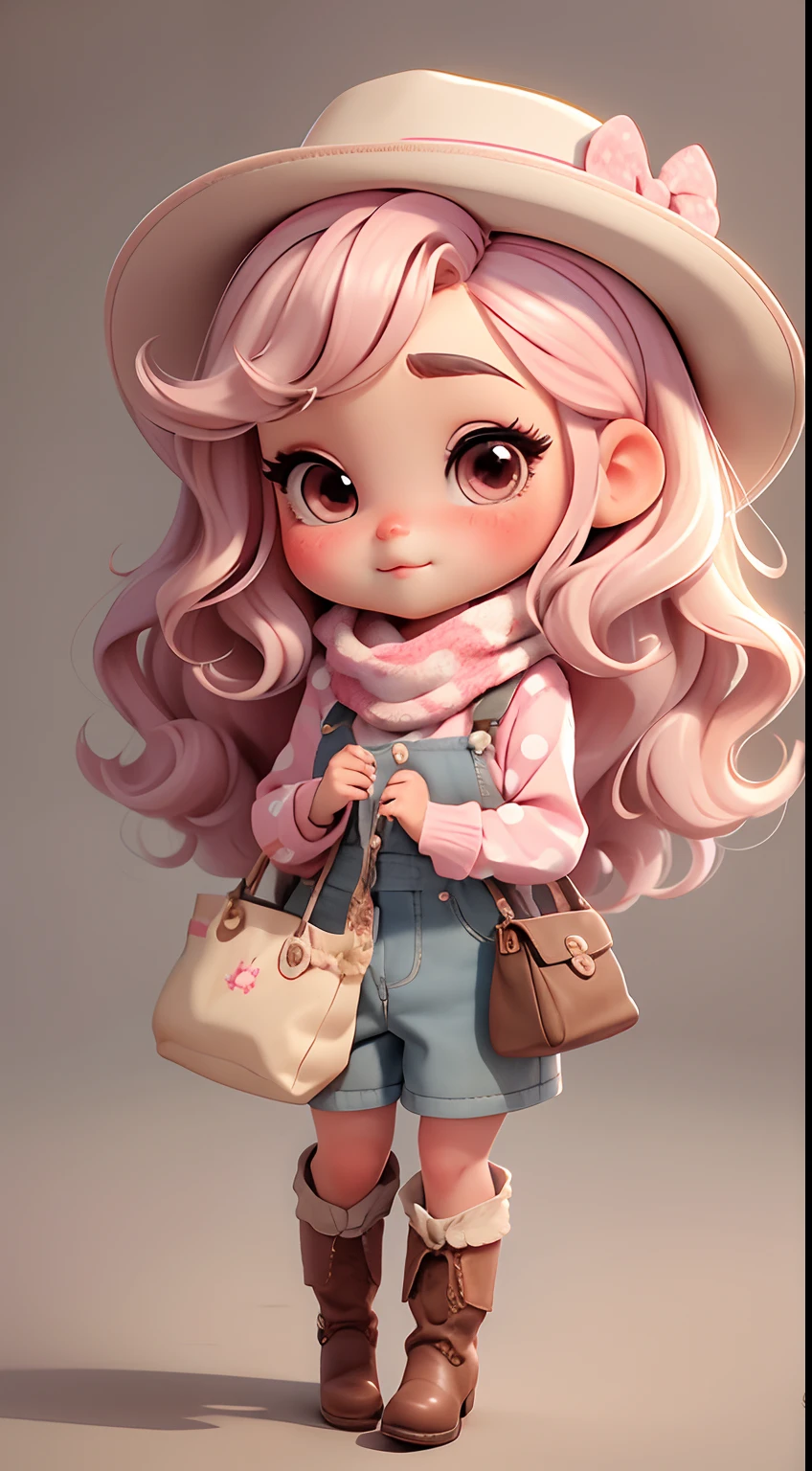 Create cute ??? style chibi doll outfits with cute cowgirl themes.., Each piece has a lot of detail and 8K resolution... All dolls should follow a solid and complete background pattern in the image.., Show (full entire body, Including legs: 1.5)

Cowgirl doll: Call her Mia... She must have moderately wavy hair... Your eyes should be big and curious.., It has long eyelashes and slightly pink cheeks... Mia should wear a sensitive jumpsuit.., Cowboy boots and polka dot shirts and cute cowboy hats... She had to carry farm ornaments... Add details like bags and scarves to the apron to make it more glamorous.., Cute shoes

Don't forget to add shadows.., Texture and detail in hair, clothes, Cute cowboy appliances, To make them more cute and charming...