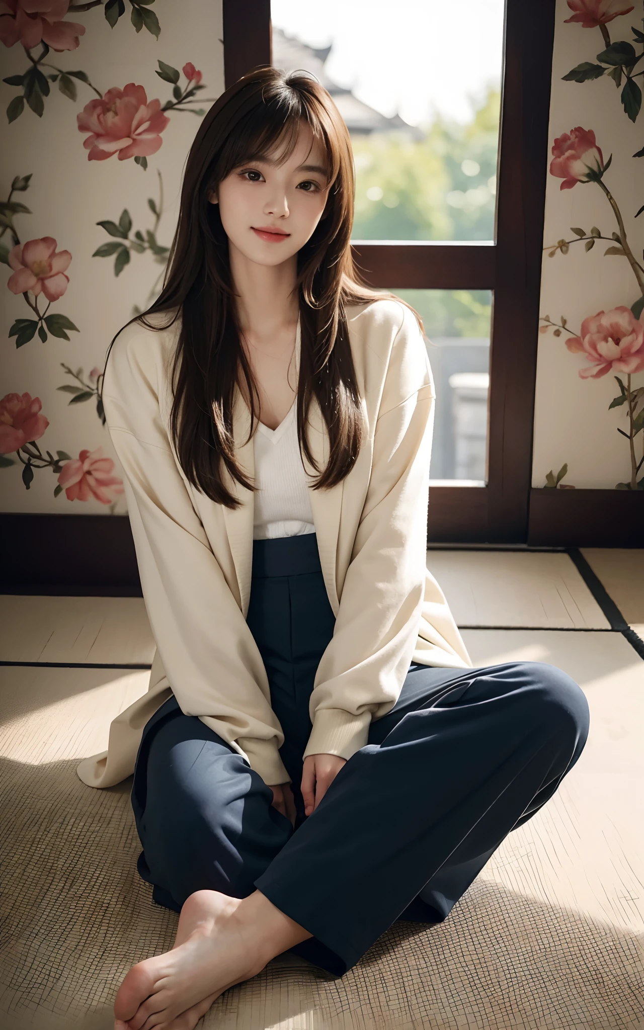 Masterpiece, Best picture quality, High quality, Random background,Beautiful woman, Japanese, Detailed, Detailed eyes, Detailed skin, Beautiful skin, 超A high resolution, (reality: 1.4),Very beautiful, Slightly younger face, Beautiful skin, Slender, (Ultra photo realsisim), (A high resolution), (8K), (Very detailed) (Beautifully detailed eyes), (Super detailed), leisure wear,long skirt,tailcoat,校服,Pants, (the wallpaper), (Detailed face), view the viewer, Fine details, Detailed face, Smiling, Staring straight ahead, Staring straight ahead, Full-body angle, Realistic photo, Bright lighting, Professional lighting, Mature woman, Brown hair, Sway in the wind Straight hair side by side, Long stylish bangs,