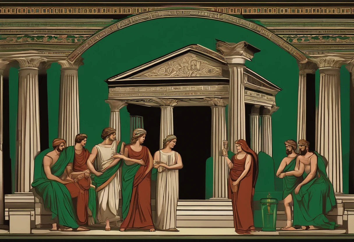 Greek temple image of a stoic family with 5 people around a table. detail for a family member in green color with a mouth full of poison