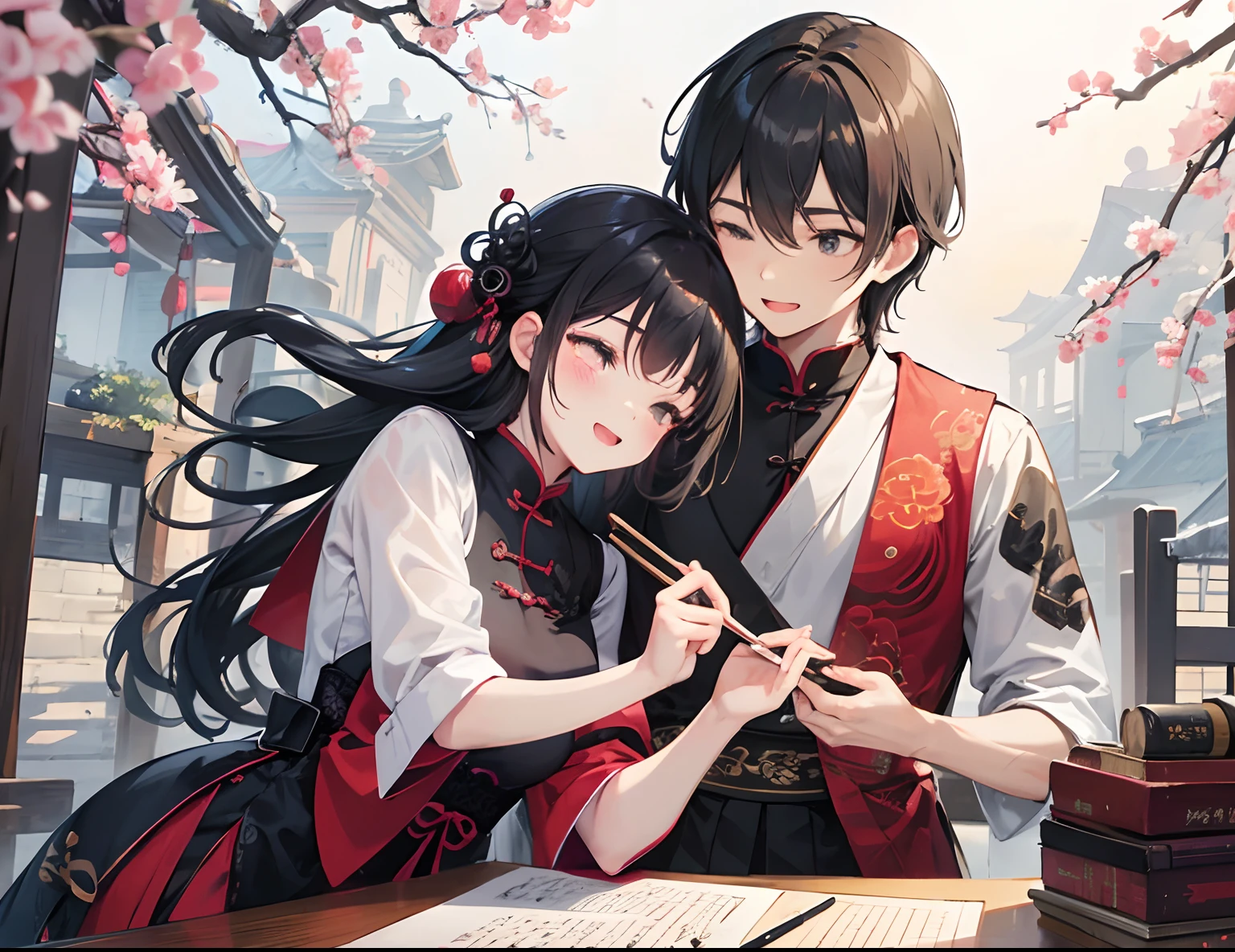 A couple write chinese calligraphy, calligraphy brush, laugh, romantic atmosphere, happy atmosphere, landscape