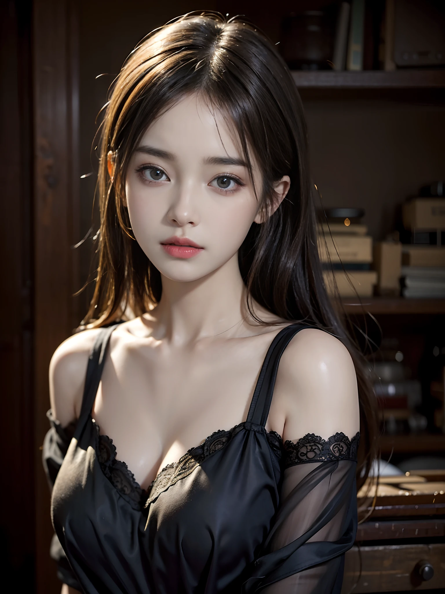 1girl, Tokyo street, night, classroom, upper body, slender, small breasts, small bust, knotted hair, closeup, 8k, raw photography, highest quality, masterpiece, realistic, photorealistic,