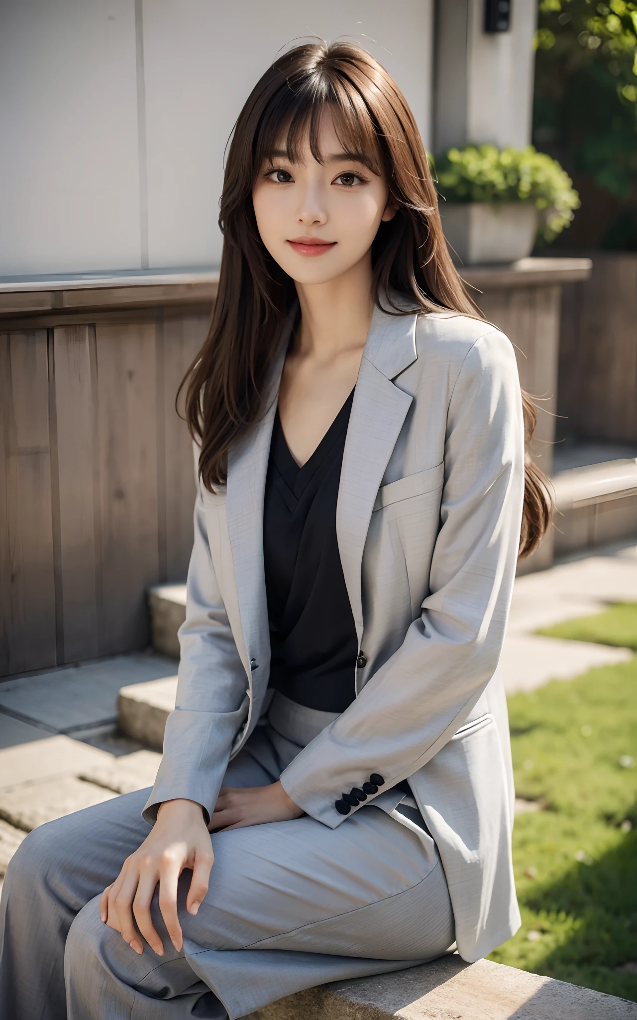 Masterpiece, Best picture quality, High quality, Random background,Beautiful woman, Japanese, Detailed, Detailed eyes, Detailed skin, Beautiful skin, 超A high resolution, (reality: 1.4),Very beautiful, Slightly younger face, Beautiful skin, Slender, (Ultra photo realsisim), (A high resolution), (8K), (Very detailed) (Beautifully detailed eyes), (Super detailed), leisure wear,long skirt,tailcoat,校服,Pants, (the wallpaper), (Detailed face), view the viewer, Fine details, Detailed face, Smiling, Staring straight ahead, Staring straight ahead, Full-body angle, Realistic photo, Bright lighting, Professional lighting, Mature woman, Brown hair, Sway in the wind Straight hair side by side, Long stylish bangs,