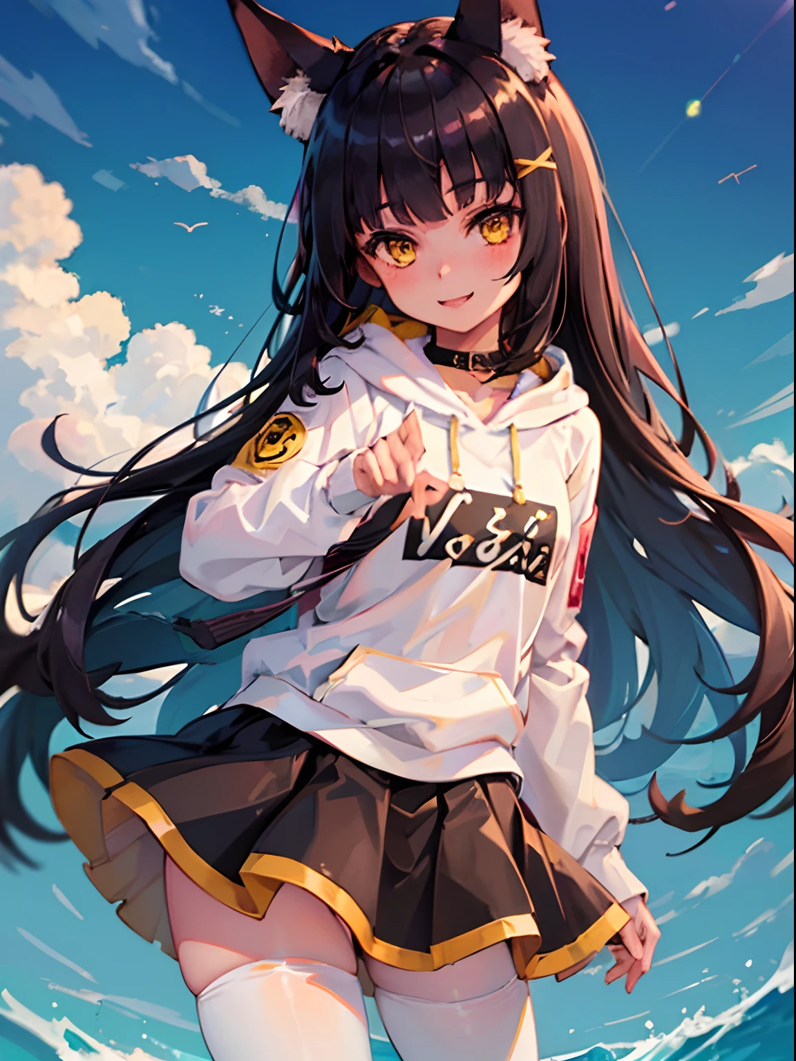 (((best quality, 1girl))), animal ears, fox ears, black hair, long hair, bangs, animal ear fluff, yellow eyes, blunt bangs, hair ornament, brown eyes, hoodie, skirt, white pantyhose, young, loli, smile, looking at viewer