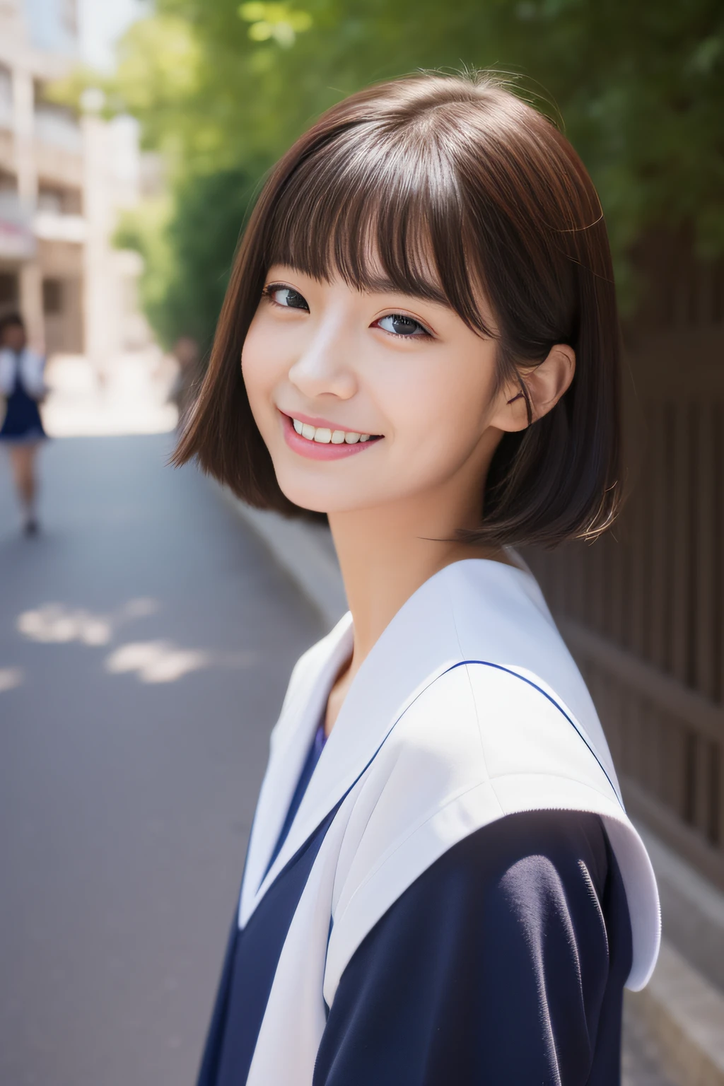 (masterpiece、16k image、high-level image quality、top-quality)、(Beautiful Realistic Asians),独奏、1girl in、(Japan Girls' High School Sailor Uniform,flawless)、(perfect anatomia,Beautiful limbs、Healthy body、Beautiful skin)、Sunnyday、A dark-haired、short-haired、Black eye、Way back、Colossal tits:1.5、Schools、(Thermal gaze)、artistic.、Beautuful Women、Beauty Body、ssmile、Professional、