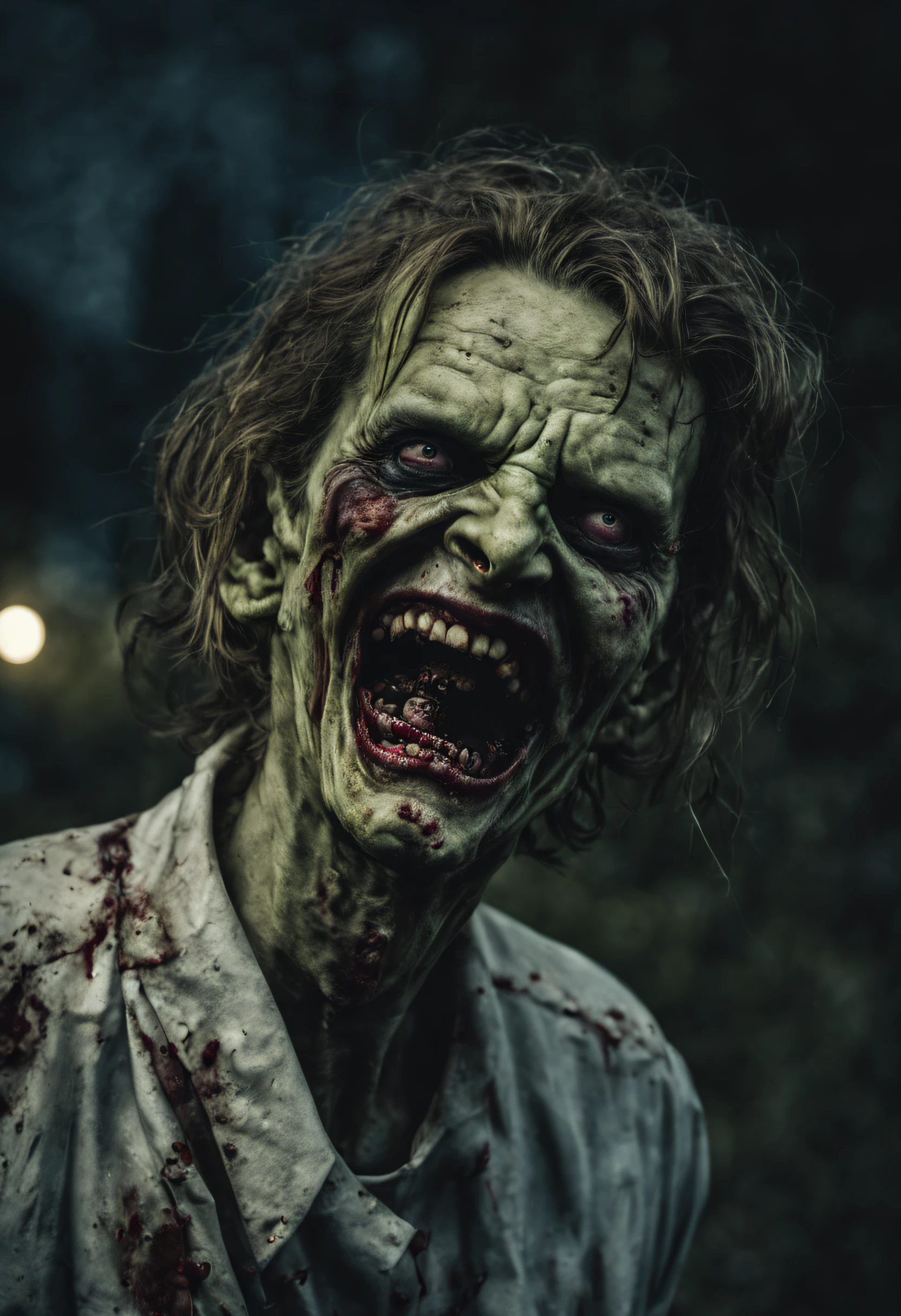 A zombie laughs wickedly at the camera,sehr detailliert,Fotorealistisch,Nachts auf dem Friedhof,spooky atmosphere,inspiriert von Guillermo del Toro,Cinematic