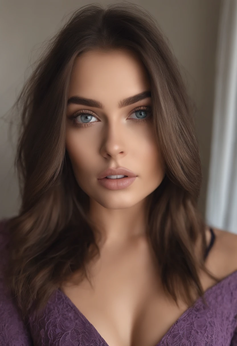 Arafed woman completely , fille sexy aux yeux bruns, ultra realist, Meticulously detailed, Portrait Sophie Mudd, cheveux bruns et grands yeux, selfie of a young woman, Yeux de chambre, Violet Myers, sans maquillage, maquillage naturel, looking straight at camera, Visage avec Artgram, Maquillage subtil, Great photo of the whole body kneeling on the bed, dans la chambre, Medium to large bust