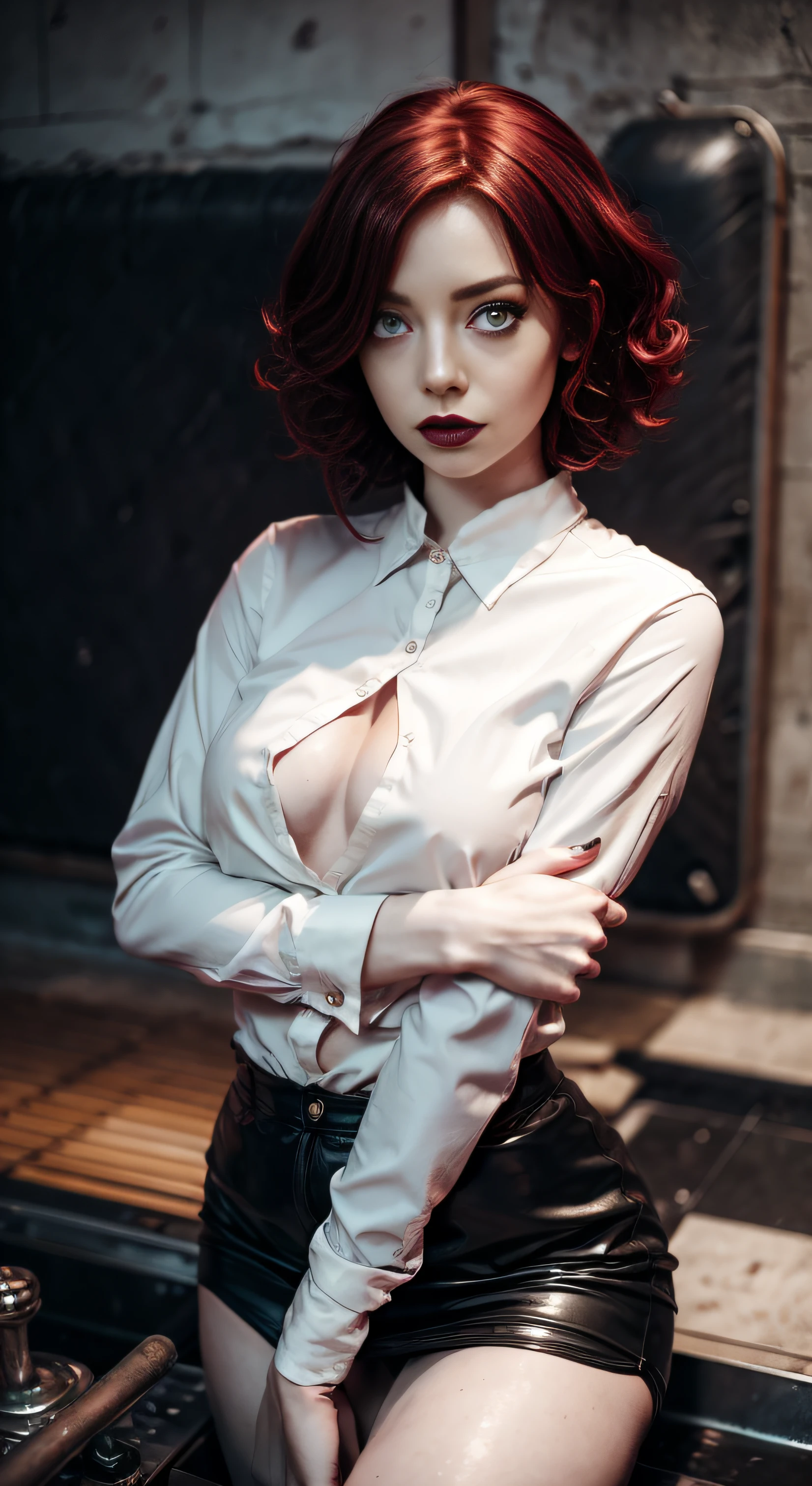 goth Emma Stone, red curly hair, pale white skin, black lipstic, black eyeliner, piersings.