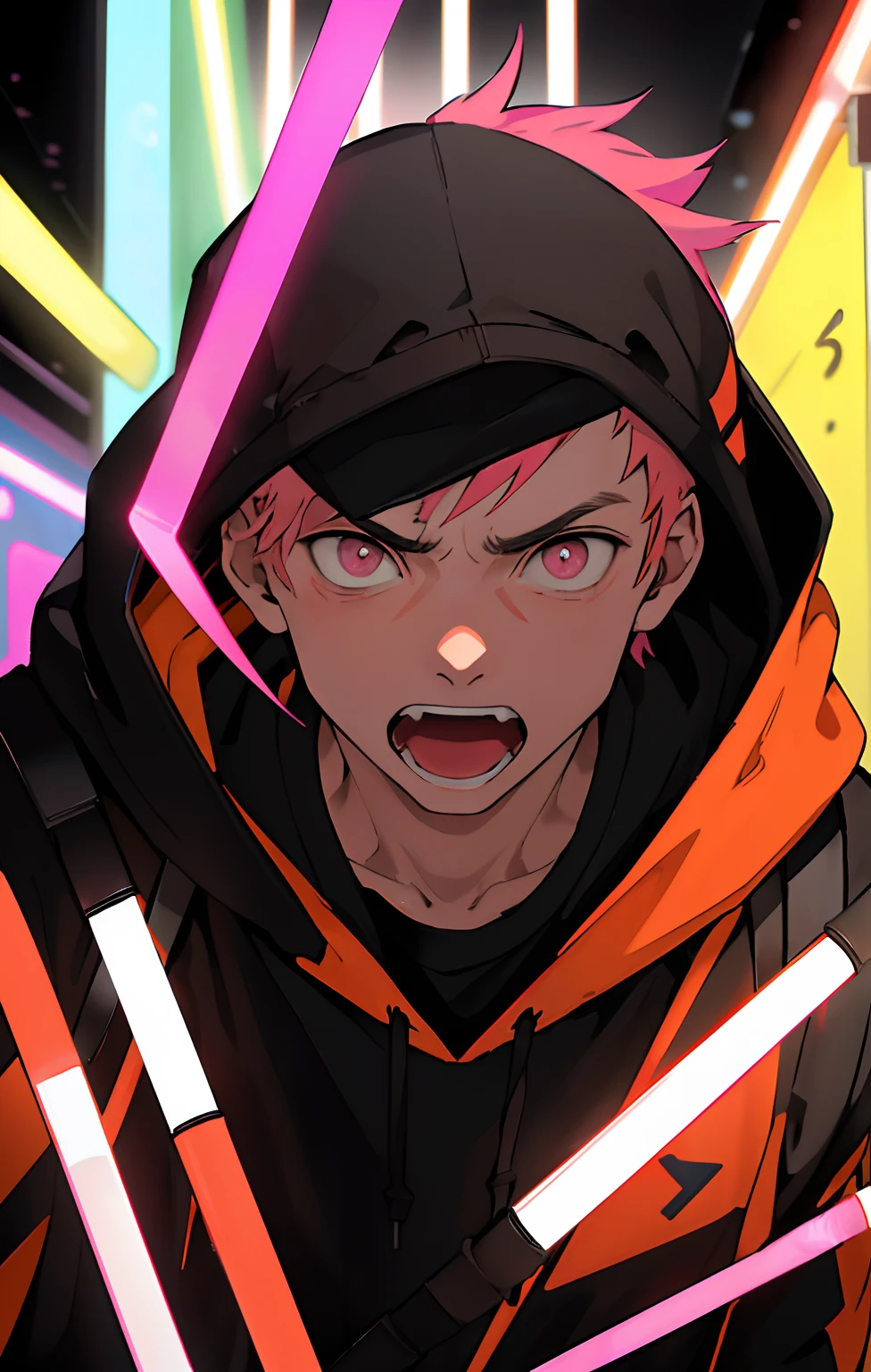 (masterpiece、top-quality、absurderes)、20-year-old male、Pink-orange shorthair、Black eyes、Small pupils,Black hoodie、Run to camera、Screaming face,The upper part of the body、(fluorescent lamp)、(colourfull)、((Abstract background))、