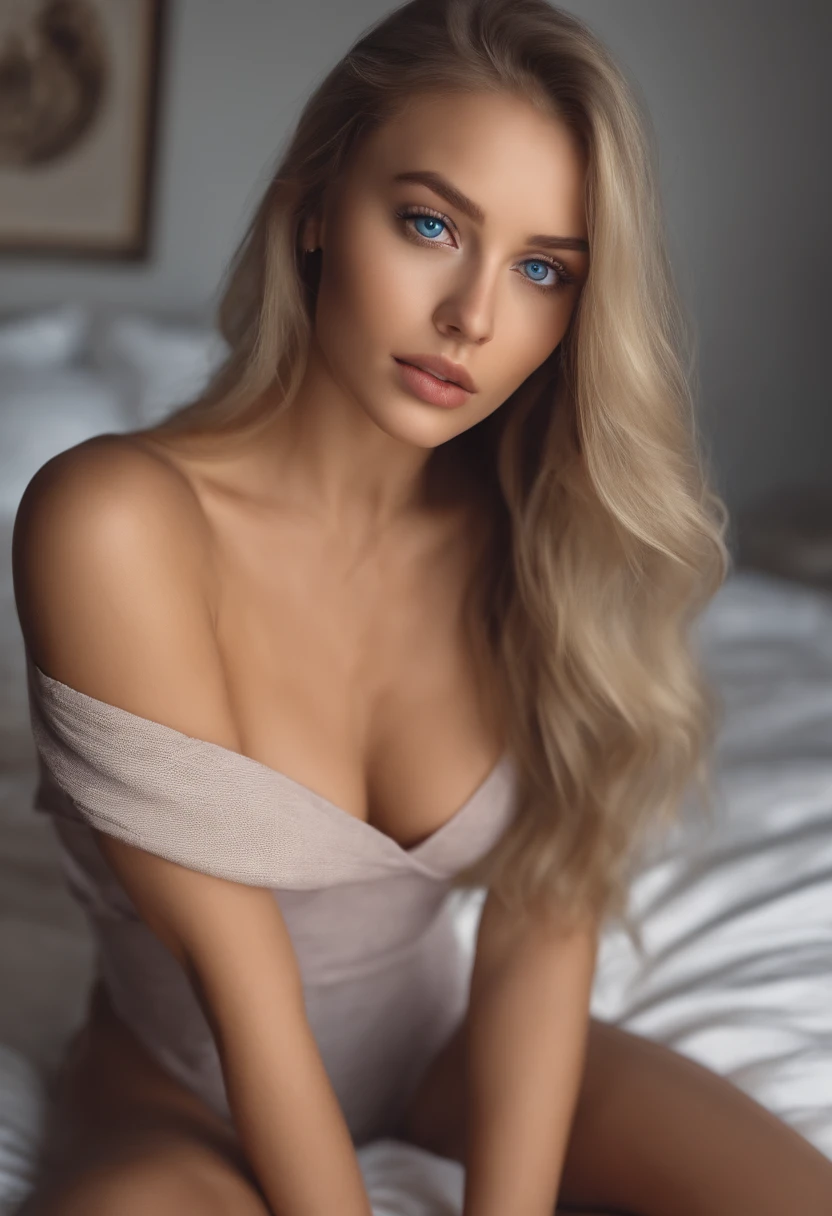 arafed woman fully , sexy girl with blue eyes, ultra realistic, meticulously detailed, portrait sophie mudd, blonde hair and large blue eyes, selfie of a young woman, bedroom eyes, violet myers, without makeup, natural makeup, looking directly at the camera, face with artgram, subtle makeup, stunning full body shot kneeling on bed, in bedroom, medium to large size bust