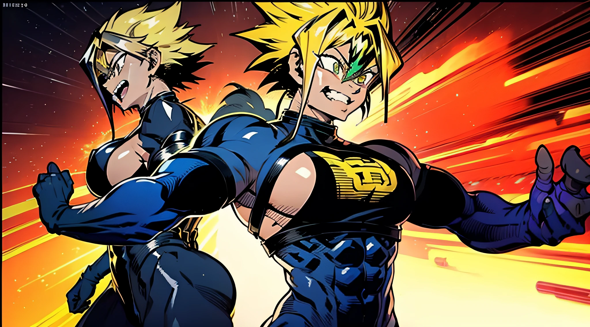 Marle Barrock, parede de corpo inteiro, corpo inteiro, sorriso louco, cabelos espetados, cabelo alto, Hair color yellow gradient diamond, blonde hair, estilo ssj2, Super Saiyajin, super sayajin 2, estilo anime de Dragon Ball, alto detalhe, anime,