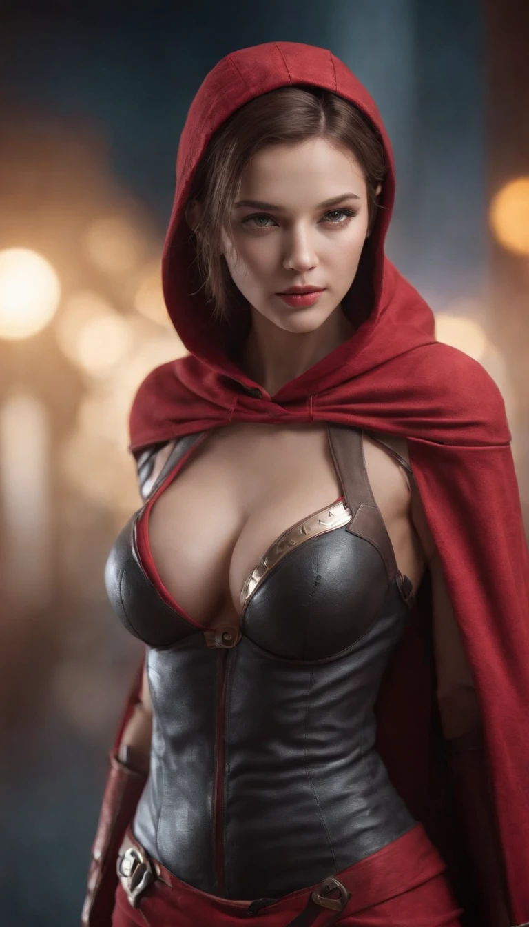 A cybernetic woman, with a perfect sculptural whole body, realistic, belly appearing, (large and perfect breasts), neckline, 3d, with hood on the head and a cape, and a red visor in the right eye, anime style 3d, ultra realistic, HD,