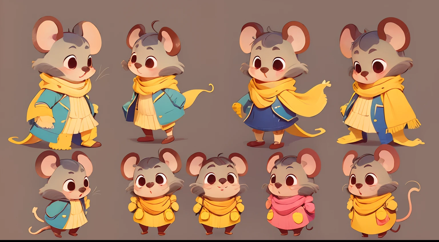 Pimpão is a charming little mouse, A Lovely Smile,Wearing a small yellow and blue colored scarf around her neck, Your eyes are small, brilhantes e expressivos, Multiple Poses and Expression, fundo branco, Their coat is soft and has a smooth coloration, misturando tons de cinza claro e branco