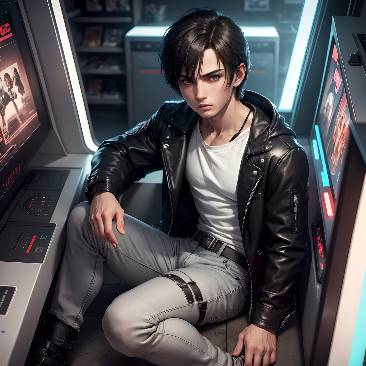 Alon boy look like leon kennedy, detailing face ,outfits gray hood black leather jacket white t shirt black jean,heart broken, play video game arcade shop Japan solo image