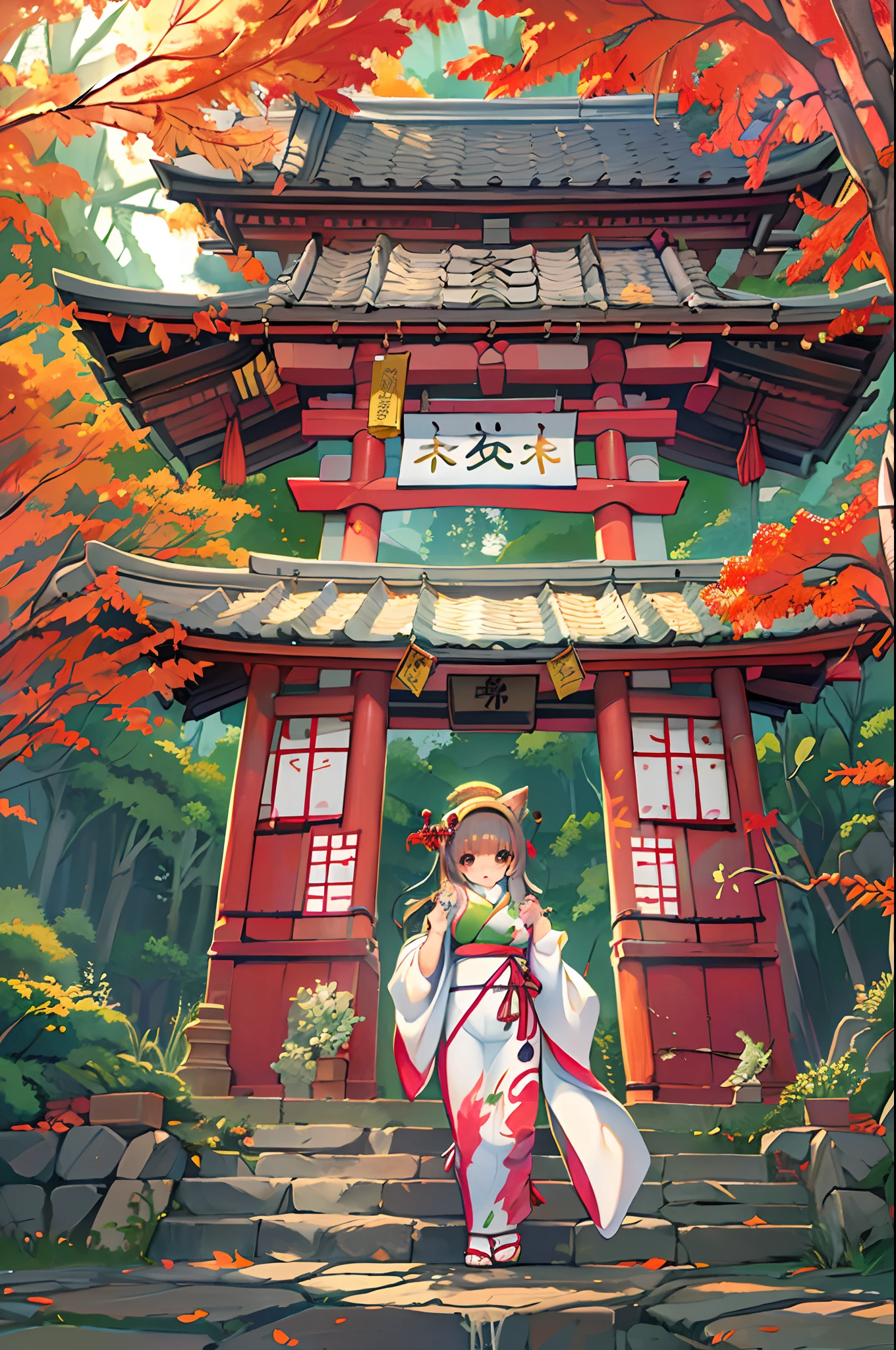Fox Woman、body covered with fur、huge-breasted、kawaii、shrine maiden、Japan white clothes,Red Hakama、torii gate,((High Position))、A big smile、bbw、thick thight、big butts、Ultramammy,Chibi,Nanachi, autumn day,kaede、 Pines, Anime Background Art, japanese art style, beautiful anime scene, detailed scenery - width 672, Background art, Anime landscapes, Anime Background, Beautiful anime scenery, Beautiful peace scenes in anime, landscape artwork, Japan Village, Anime landscape concept art, 8K))、a lot of fallen leaves、Water twinkle、Springs in the mountains、Main shrine、chii