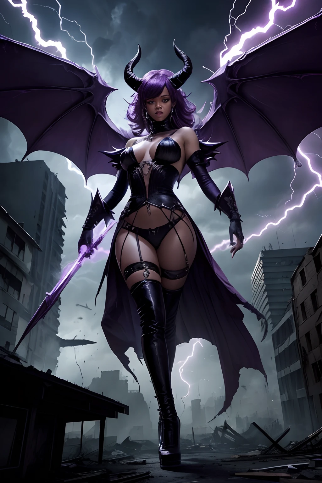 Rihanna as a hyper-giant, Hyper-powerful demon with two demon horns on her head and demon wings, Shoots purple lightning bolts at a building and smashes buildings , ville en ruine post apocalyptique,