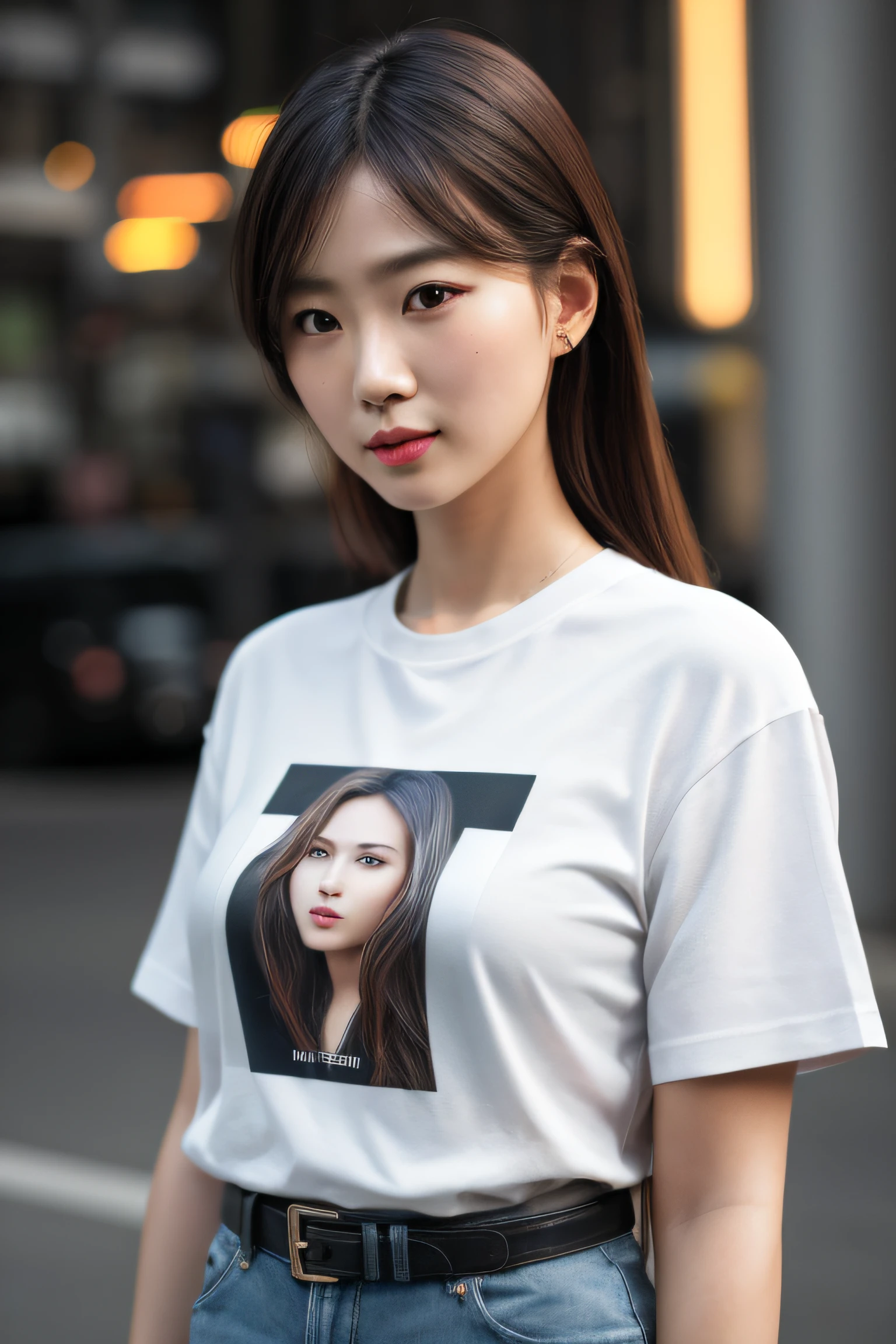 hyper realistic lifelike texture dramatic lighting unreal engine trending on art station, award - winning photo, nikon RAW photo,8 K, FUJI XT3,masutepiece, Best Quality, Realistic, Photorealistic, ultra-detailliert, extra detailed face, Solo,1girl in, Standing, Fashionable and trendy atmosphere, close up, T-shirt, smooth hair