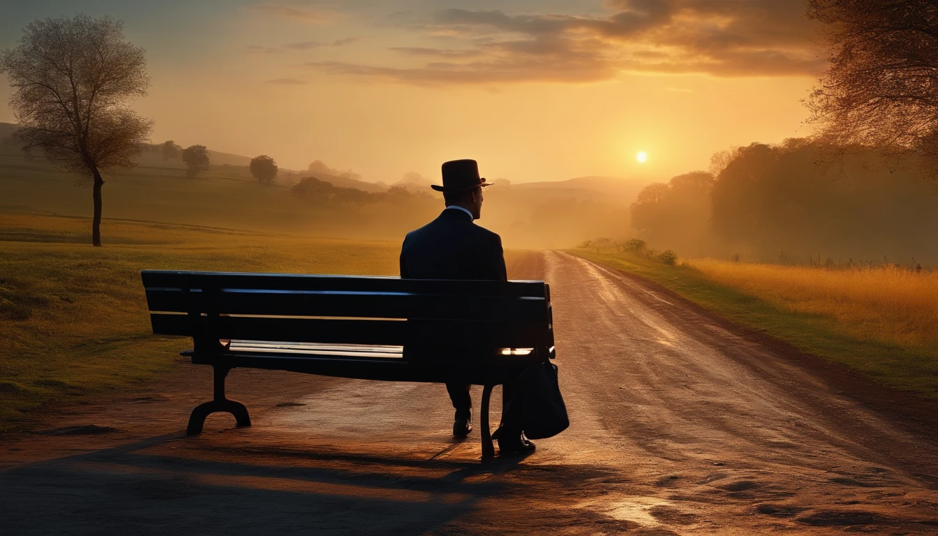 A lonely gentleman sitting on a bench in the middle of a muddy road and a beautiful landscape of nature, Final da tarde, sun sunset, ultra realista