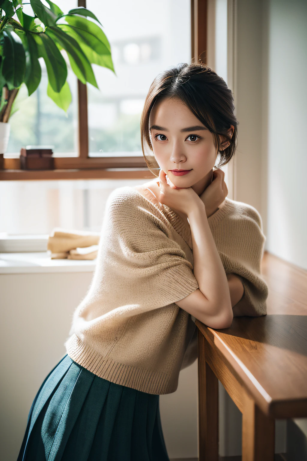 photo,Photo
hair over shoulder,Shawl hair
smirk,conscientious
pleated skirt ,Pleated skirt
leg_hug,Hold your legs
head tilt ,Tilt your head
handtomouth,Put your hand to your mouth
indoors,indoors
chair,chair
flower,花
raw photo, photorealistic, masterpiece, best quality, hires, intricate details, reflections, photographed on a Canon EOS R5, 50mm lens, F/2.8, HDR, 8k resolution, ray-tracing,