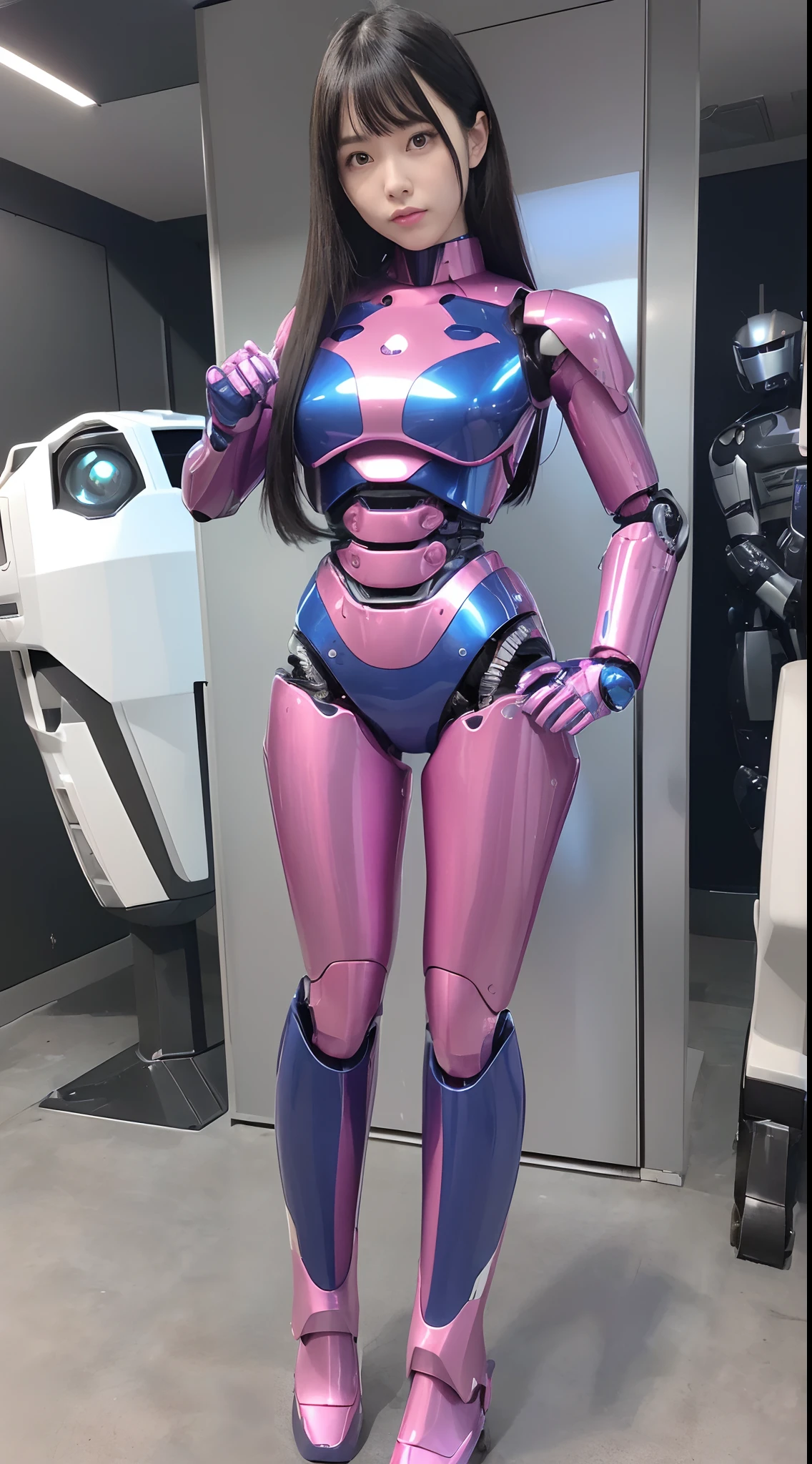 (Photorealsitic:1.4)、one girl、(top-quality)、(hyperdetailed face)、(Super well-formed face)、((Robot Parts))、(Female-Robot)、(25 years-old)、(Blue)、(pink there)、(Burgundy)、(metallic)、(full-body)、(sexy pose)、(Slender body)、(Model body type)、(full body mech)、(mechanical exposure)、(Akihabara)、(is looking at the camera)、(A dark-haired)、(Well-proportioned lady)、(a small face)、(well-groomed fingers)、(Idol)、(front facing)、(Standing with legs open)、(Hands on hips)、(Photo session)、(Looks sad)、(perfect-female-robot)、(perfect-mechanical-body)
