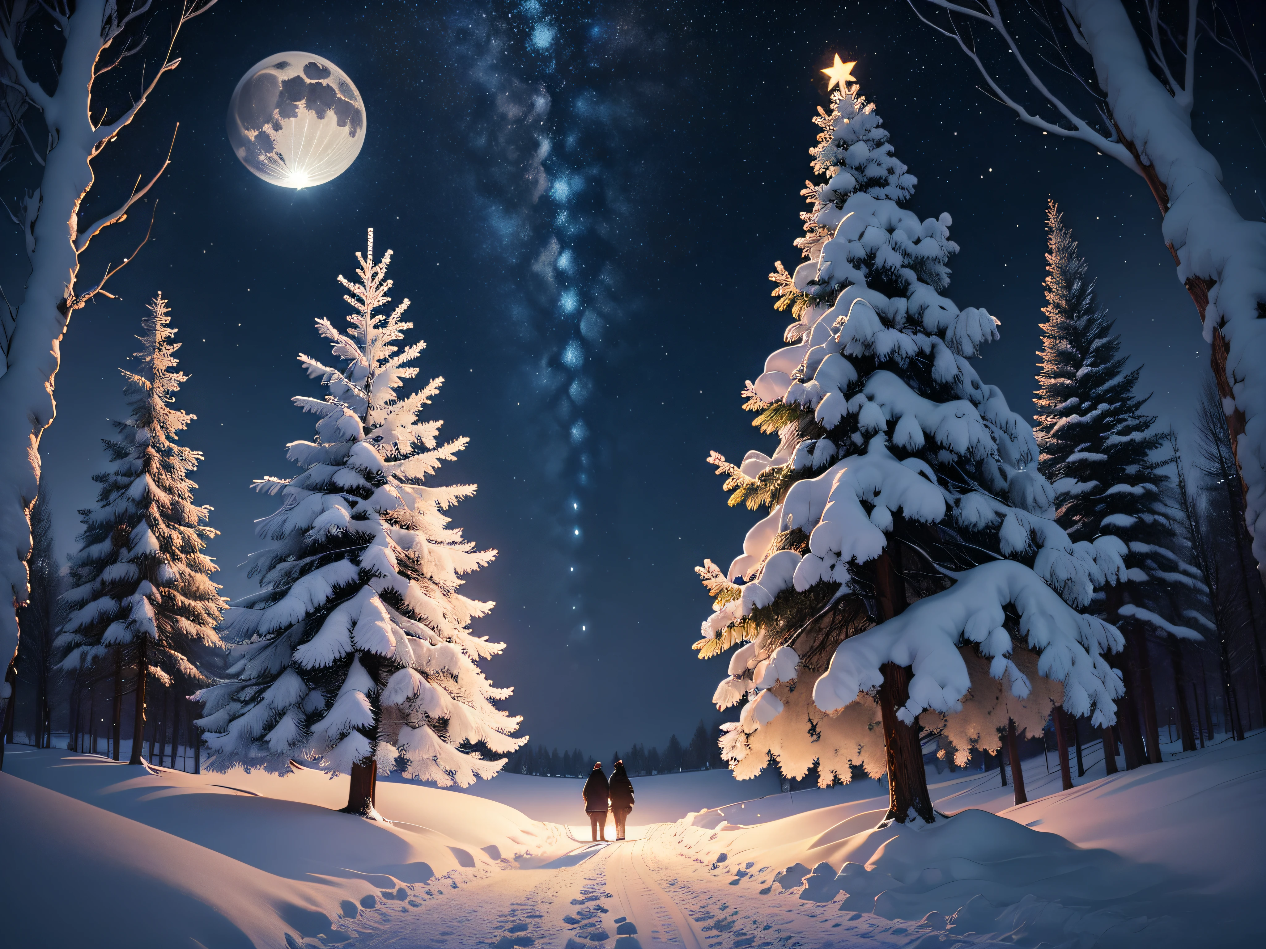 night, christmas, sky, winter, snow, tree, star, landscape, moon, stars, forest, blue, nature, trees, holiday, vector, illustration, dark, cold, light, new year, celebration, scene, silhouette, xmas