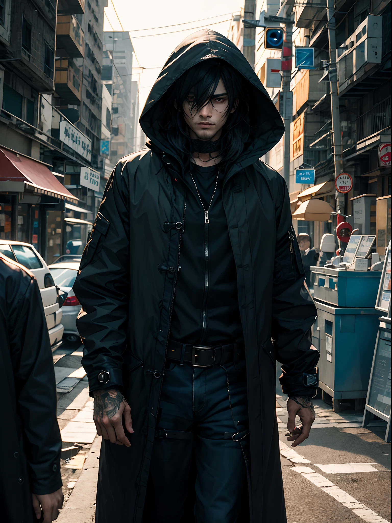 30 years old handsome man with black hair who looks homeless wears a black coat and covers his head with a hood , in anime style and dark vibes for a novel cover
