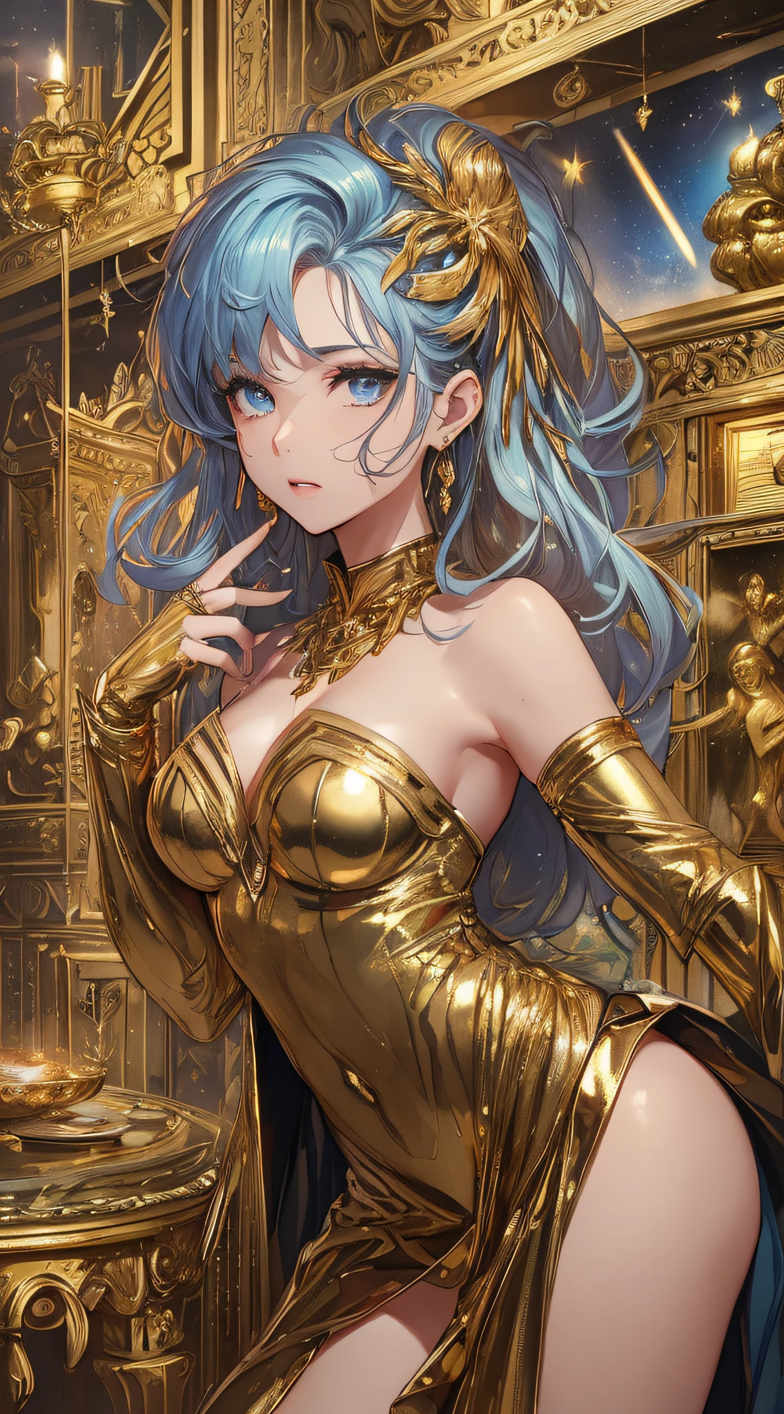 top-quality、Top image quality、masterpiece、girl with((18year old、Gold underwear,Best Bust、Medium bust、Bust 85,Beautiful blue eyes、Breasts wide open,Sexy Gold Dress、Gold Miniskirt、Gold Earrings、Gold necklace、Gold Ring、Shining golden ponytail、sexypose、bending forward、raise both arm)hiquality、Beautiful Art、Background with(Shining meteors,kosmos、Gold Room、Gold Table、Gold Chair、Monitors、Gold Room、Gold Bookshelf、Golden Falls、phoenix)),masutepiece、Elaborate design、visualart、depth of fields、The best lighting、highestdetailed、Front Angle