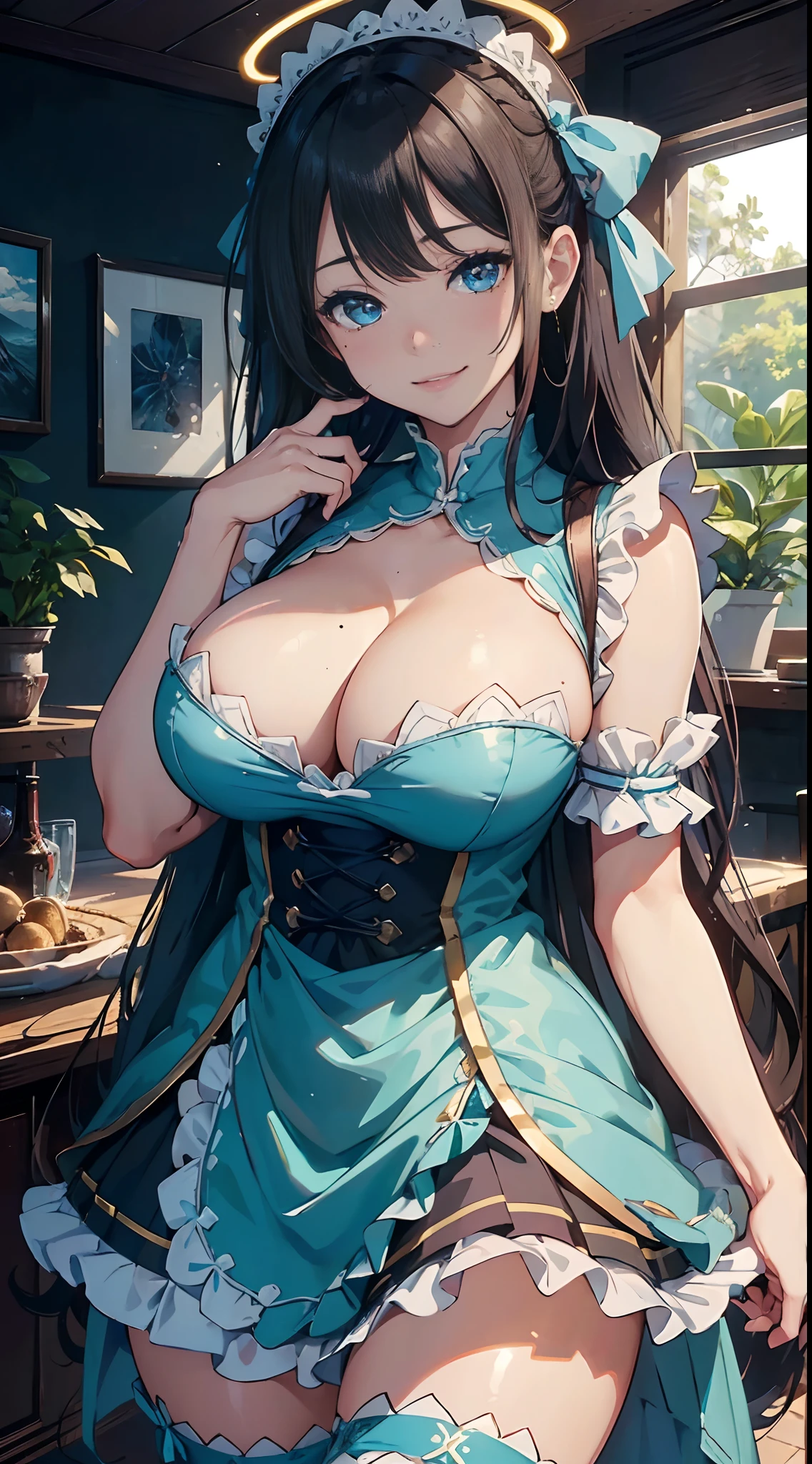((Best quality, 8K, Masterpiece: 1.4)),((Amazing detail: 1.3)),((illustration,big breasts,: 1.2)),((high resolution: 1.1)),(Blue Archive),1girl,ichinose asuna,halo on the head,sexy Maid attire,Long bangs,gold long hair,evil smile,blush, half-closed eyes, mole under eye,cyan eyes,sexy,grin,extremely detailed,delicate,delicate face,anime style,depth of field,